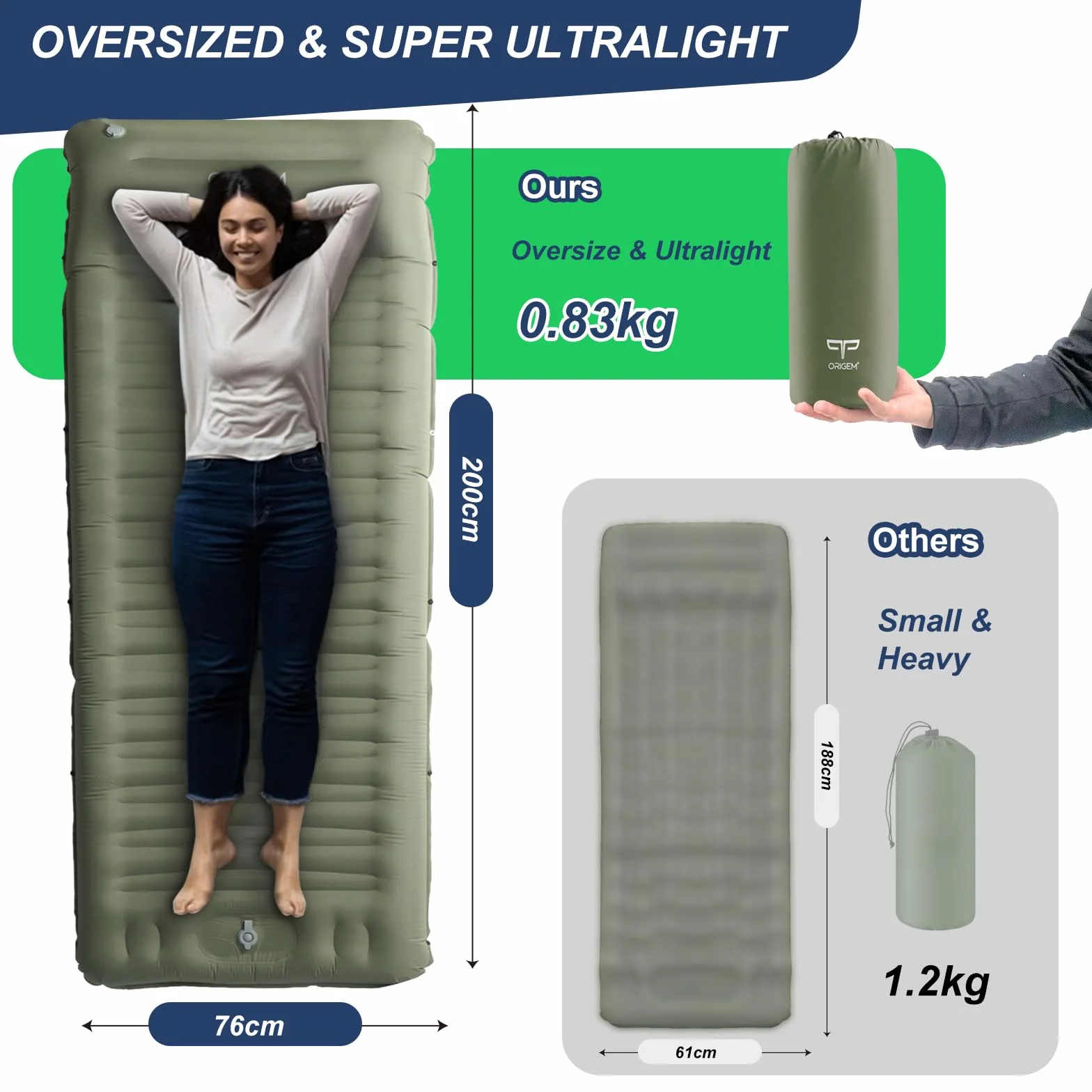 Colchón Hinchable Autoinflable 14 cm Origem Esterilla Camping Ultraligero con Almohada