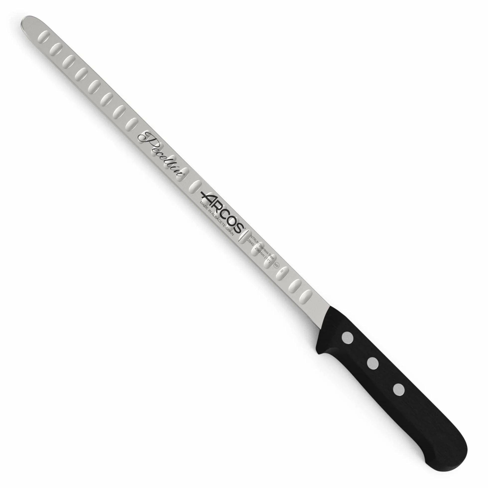 Cuchillo Jamonero Profesional con Alveolos de 29cm | Cuchillo Jamonero de Calidad de Hoja Flexible Acero Inoxidable NITRUM Proteccion Bacteriana para Patas de Jamón y Paletas