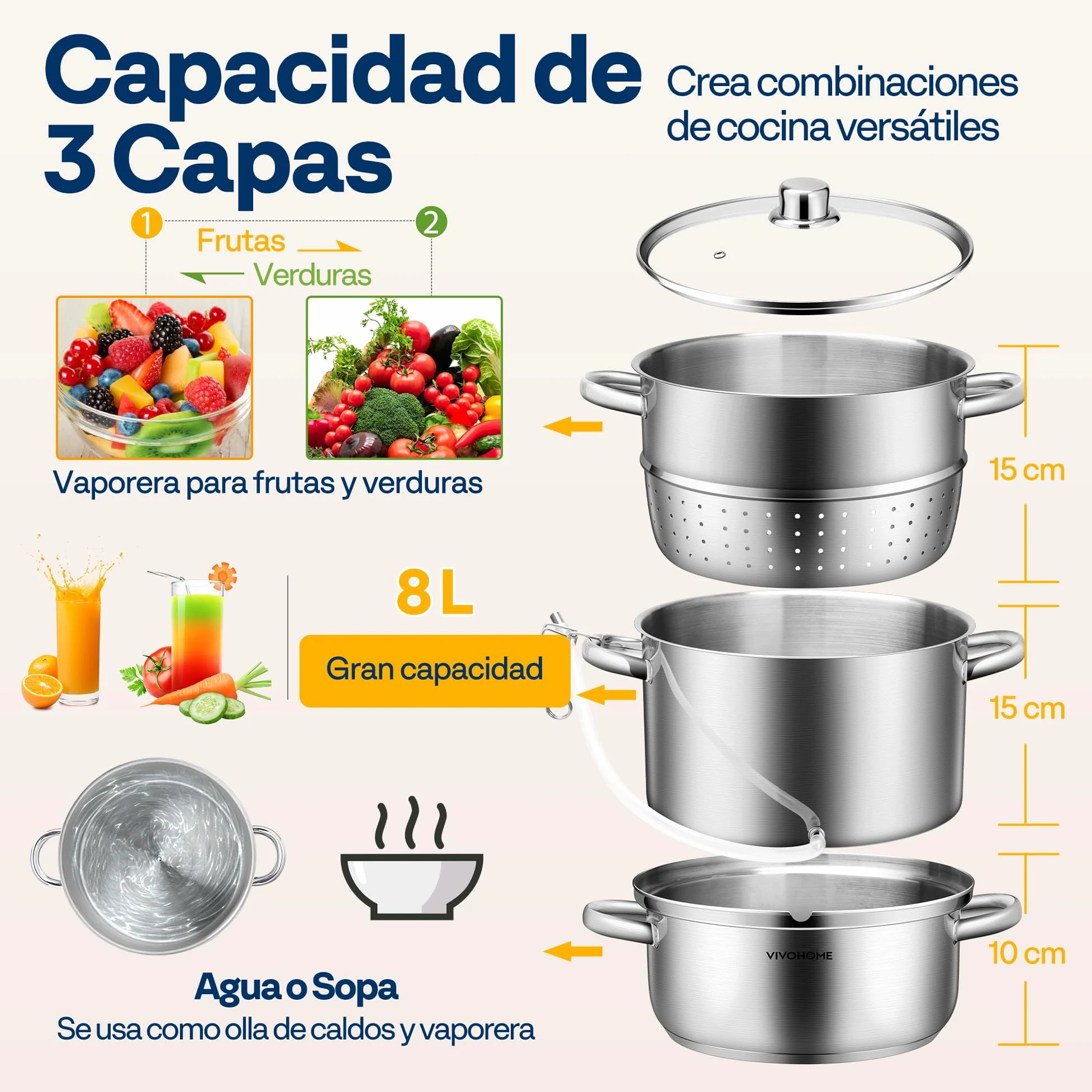 VIVOHOME Exprimidor de Vapor con Tapa de Vidrio 8L Extractor de Frutas | Ø 26cm, Acero Inoxidable, Verduras Casero con Tubo, Apto para Lavavajillas, para Todas las Cocinas, incluida Inducción