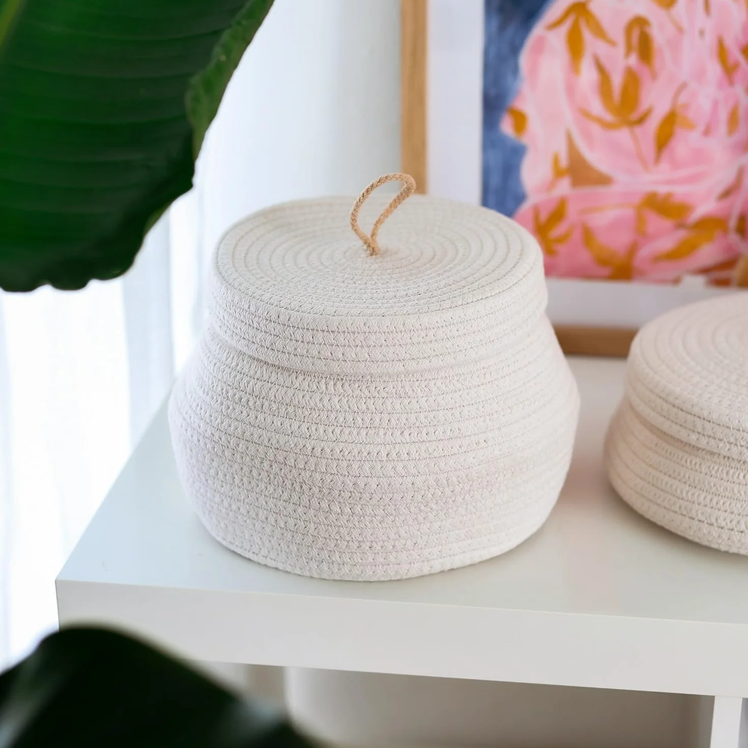 HMF Cesta de almacenamiento redonda para baño, cesta con tapa de algodón, altura 25,5 x 19 cm, color crema