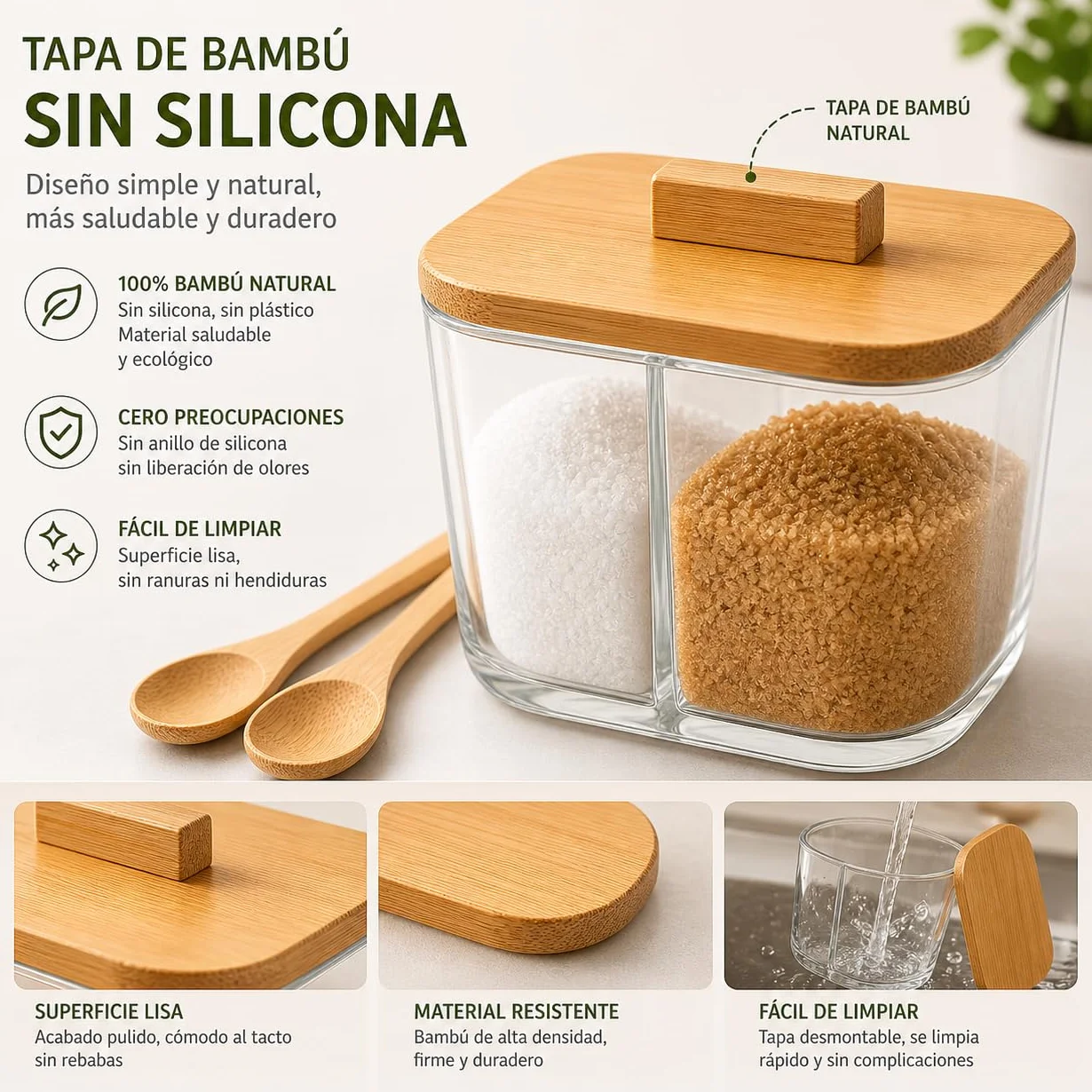 Azucarero Salero con 2 Compartimentos Tapa de Bambú y 2 Cucharas Recipiente para Azúcar Sal o Especias Organizador de Cocina Transparente Bote para Café y Condimentos