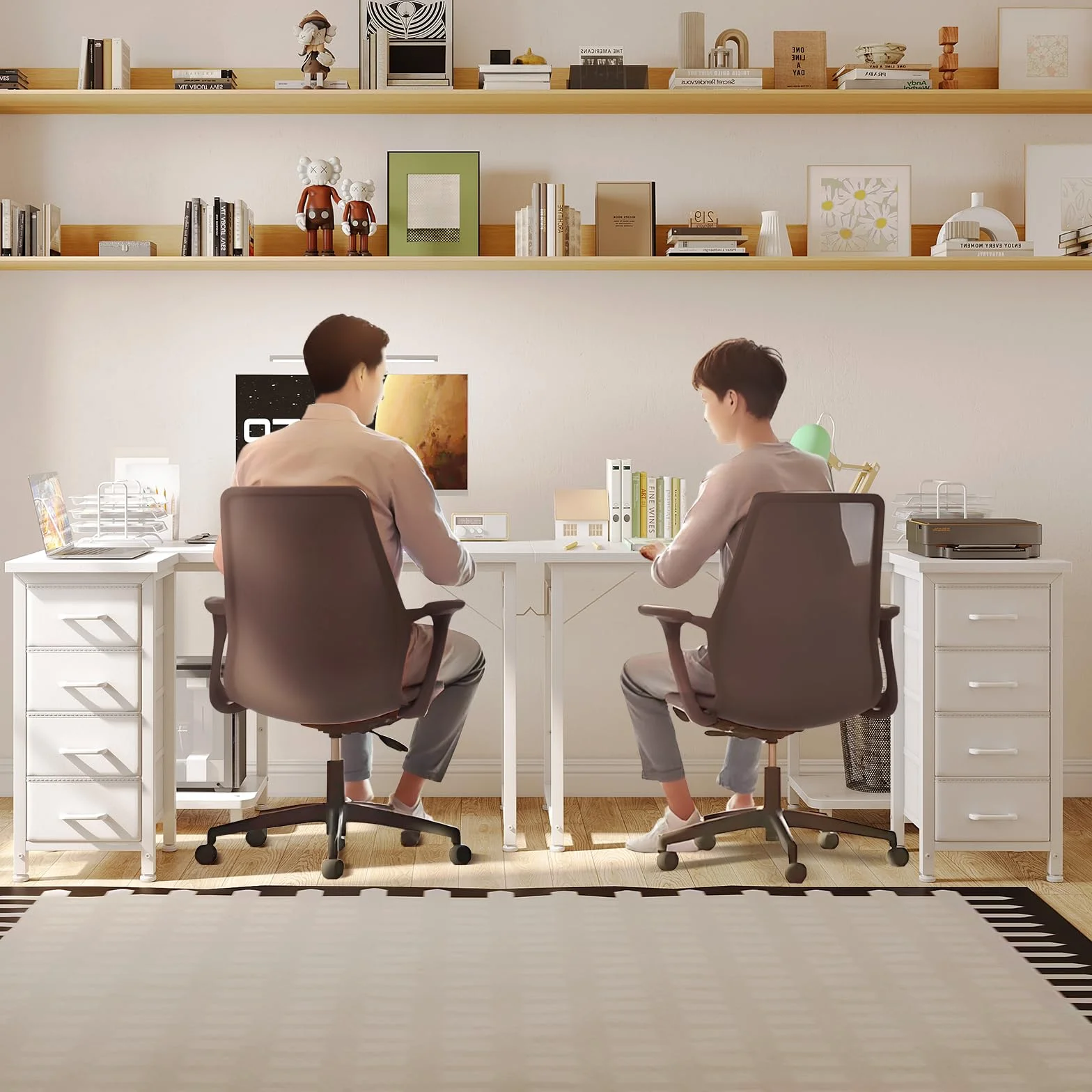 Coleshome Escritorio Esquinero con 4 Cajones de Tela, 100x70cm Escritorio en L Reversible con Almacenamiento y Estanteria, Mesa Escritorio para Oficina en Casa y Dormitorio, Blanco