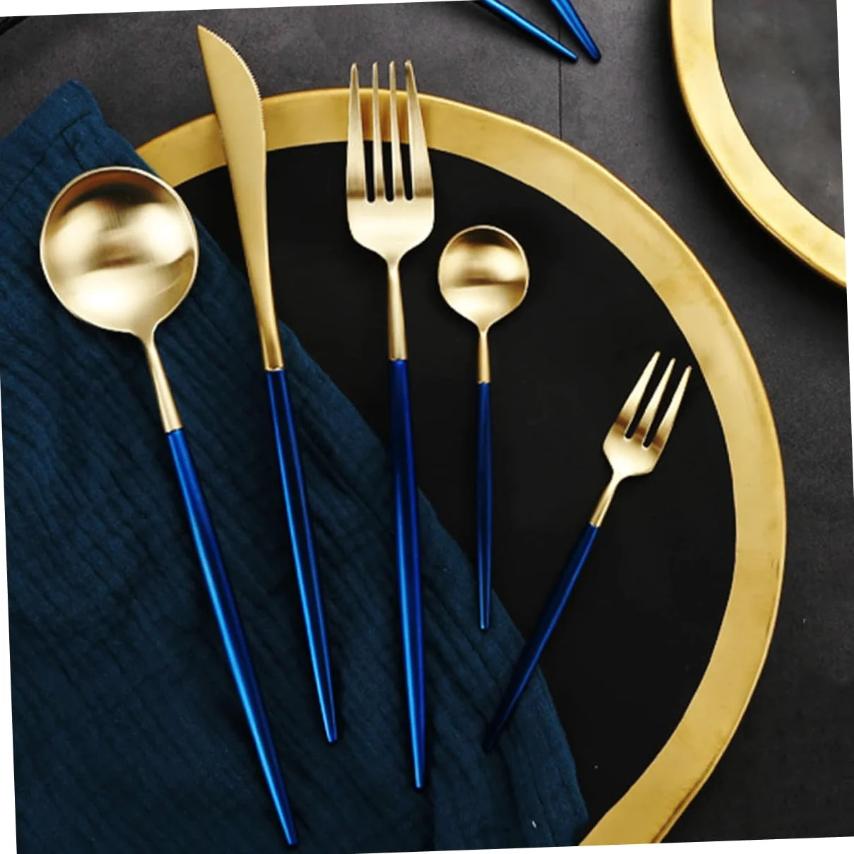 Juego de Cubiertos de Acero Inoxidable 1 Set, Tenedor de Cena | Diseño Clásico Moderno, Azul y Dorado, Uso en Boda y Celebraciones, Agarre Firme y Limpieza Fácil