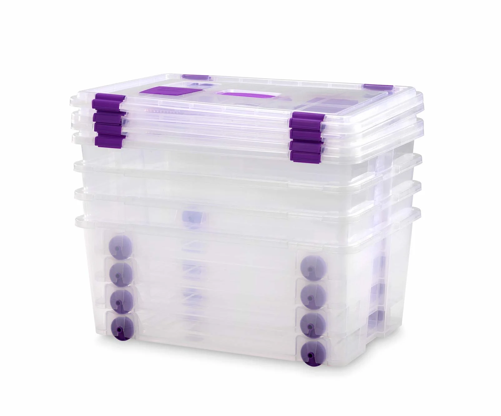 Caja de Plástico con Ruedas 42L – Pack 4- Medidas 585 x 390 x 250 – Apilable y Transparente – Cierres Laterales Seguros, Asas Integradas – Ideal para Juguetes, Ropa, Zapatos y Almacenaje
