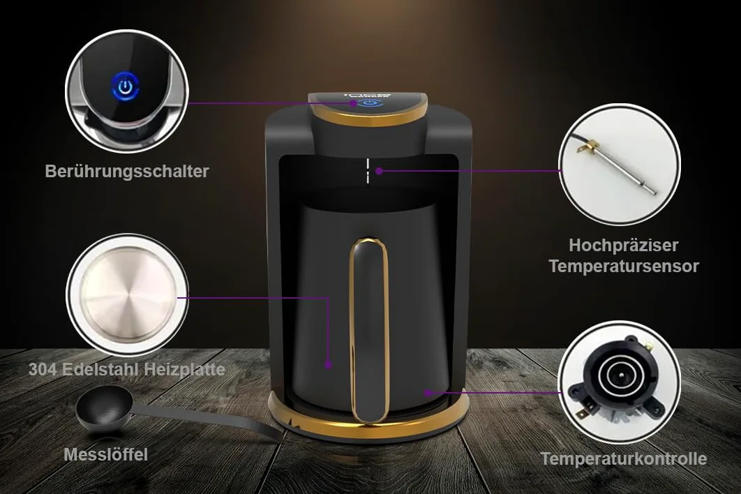 İnca Cafetera turca IKM-01 Serie Wonder, cafetera turca con cuchara dosificadora para 4 tazas (fincan) al mismo tiempo, alto rendimiento en un elegante diseño negro y oro rosa