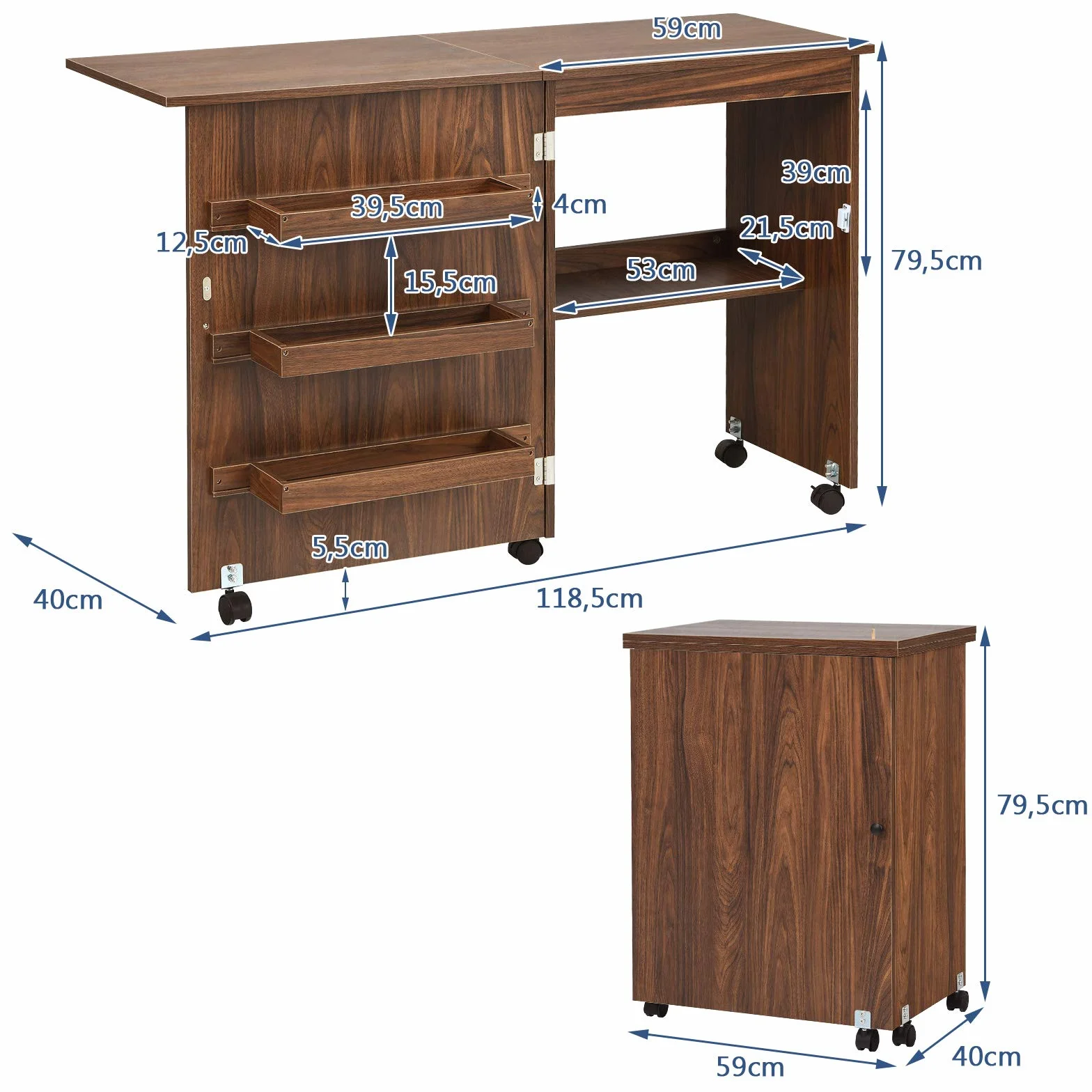 GOPLUS Mueble para Máquina de Coser, Mesa Plegable de Costura con 5 Ruedas y 4 Estantes, Armario Organizador de Costura y Manualidades, Escritorio de Costura para Hogar, Estudio (Marrón Oscuro)
