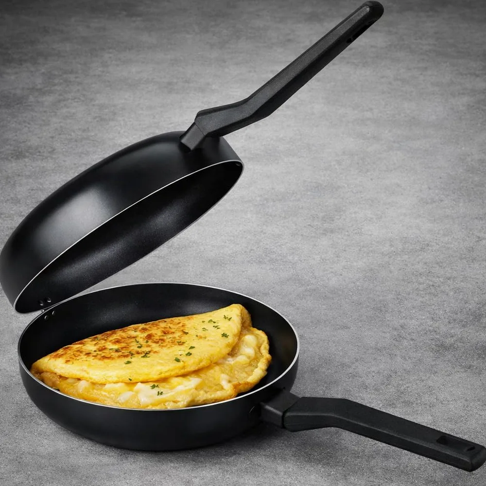 LS Kitchen - Doble Sartén Voltea Tortillas Volteo Fácil y Seguro - Sarten para Tortilla Patatas Jugosa - Sarten Doble para Tortillas - Vitro e Inducción - Diámetro 24 cm - Negra