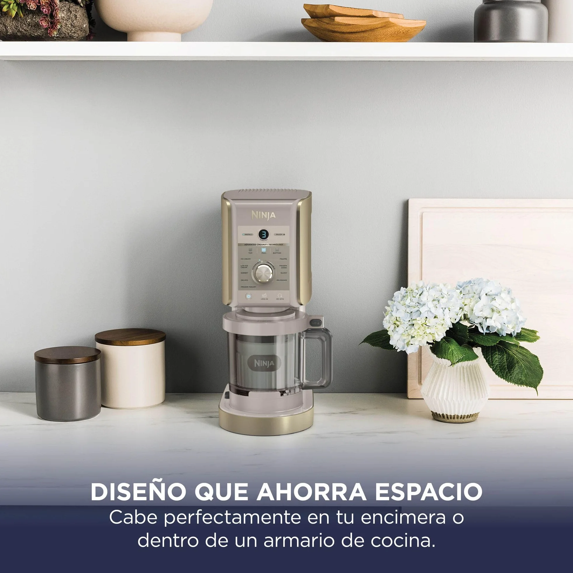 Ninja CREAMi Deluxe Heladera multifunción con 2 tarrinas, 10 programas, prepara Helado, Gelato, Sorbete, Yogur congelado, Batido, Granizado y más, opción de 2 sabores en 1, piedra dorada, NC502EUSTGD