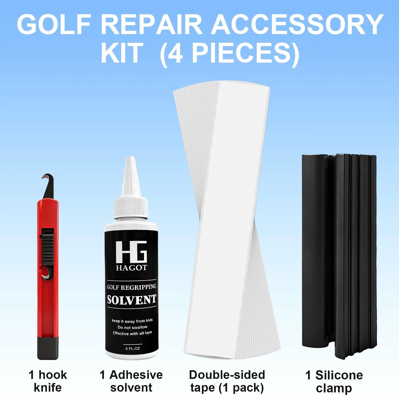 Kit de Agarre Golf 4 Piezas con Cinta Hoja Gancho, Abrazaderas y Disolvente para Reparación Cuñas Hierros