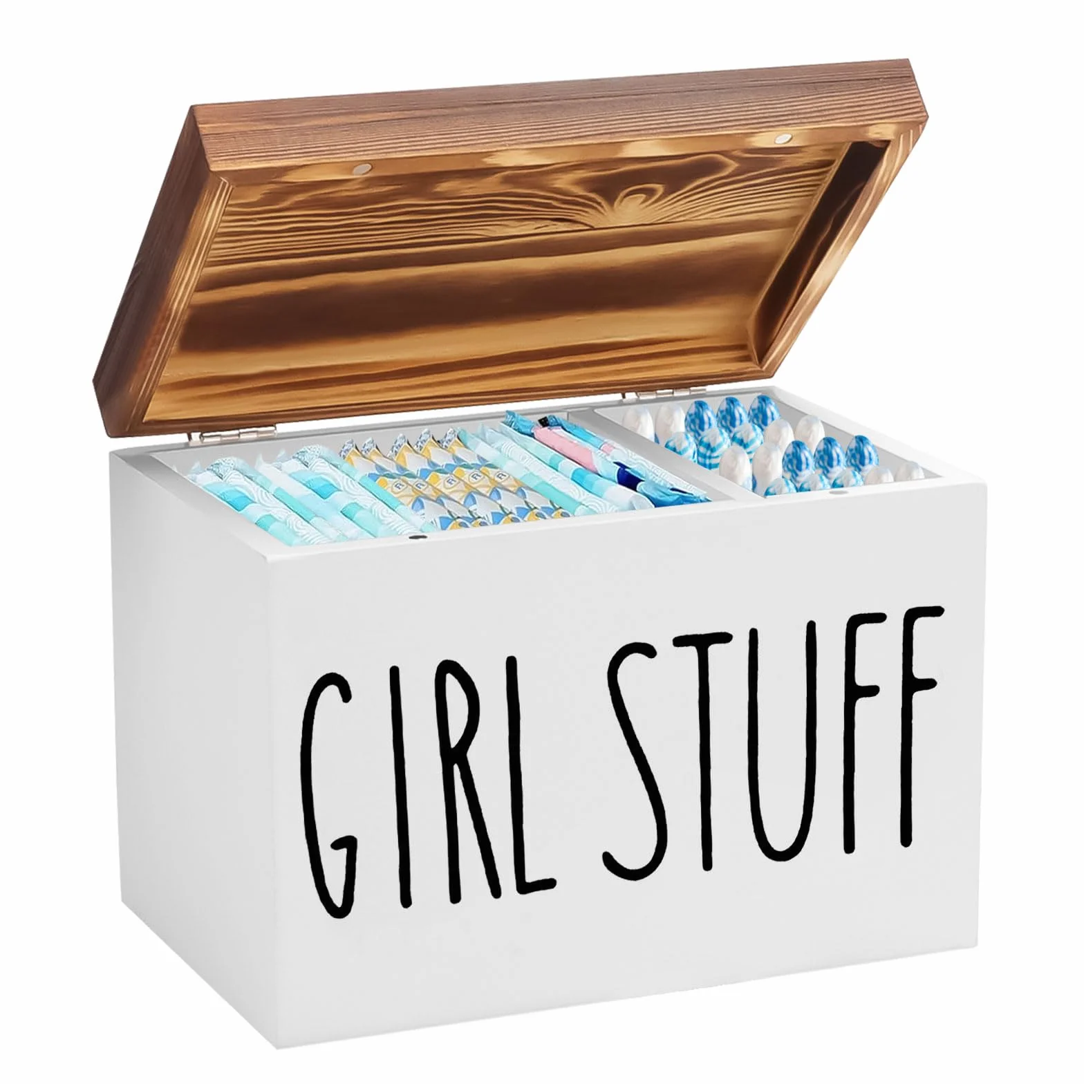 Tefola Caja de almacenamiento para baño de madera, 2 compartimentos con tapa para tampones, compresas femeninas y toallas higiénicas, organizador de artículos de higiene