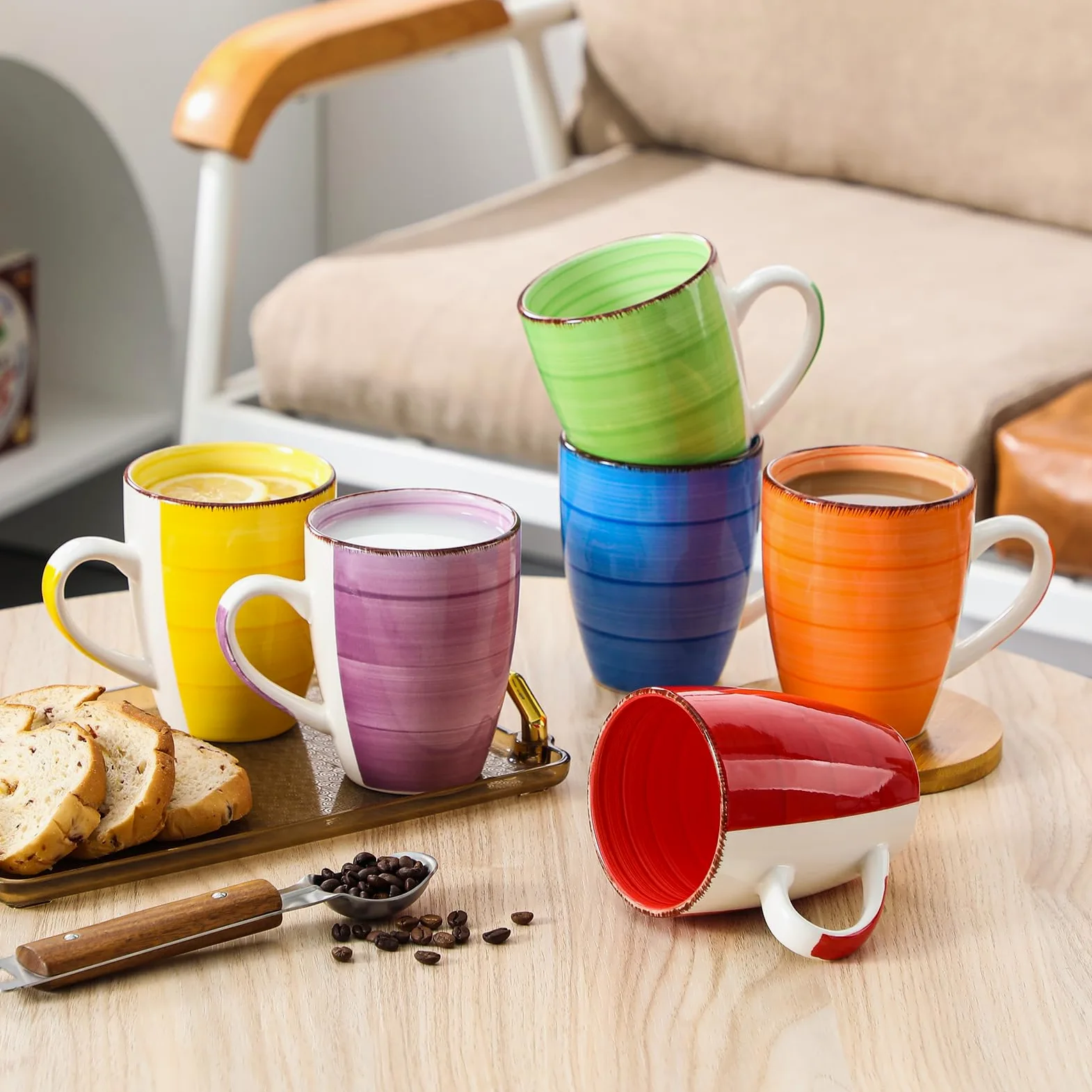 vancasso BONITA Set 6 Tazas de Café, 16 OZ Tazas Desayuno Mugs on Asas, Pintada a Mano Juego de Tazas de Leche de Gres, Microondas y Lavavajillas, Multicolor
