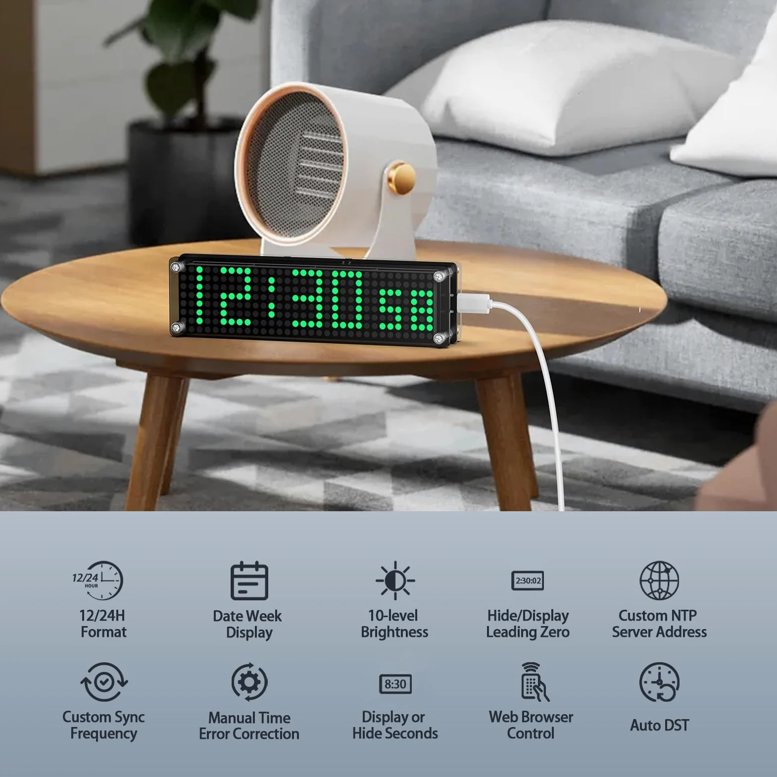 Reloj inteligente de oficina WiFi con fecha y día de la semana, relojes de dormitorio digital con poca luz, reloj de escritorio pequeño digital con sincronización NTP