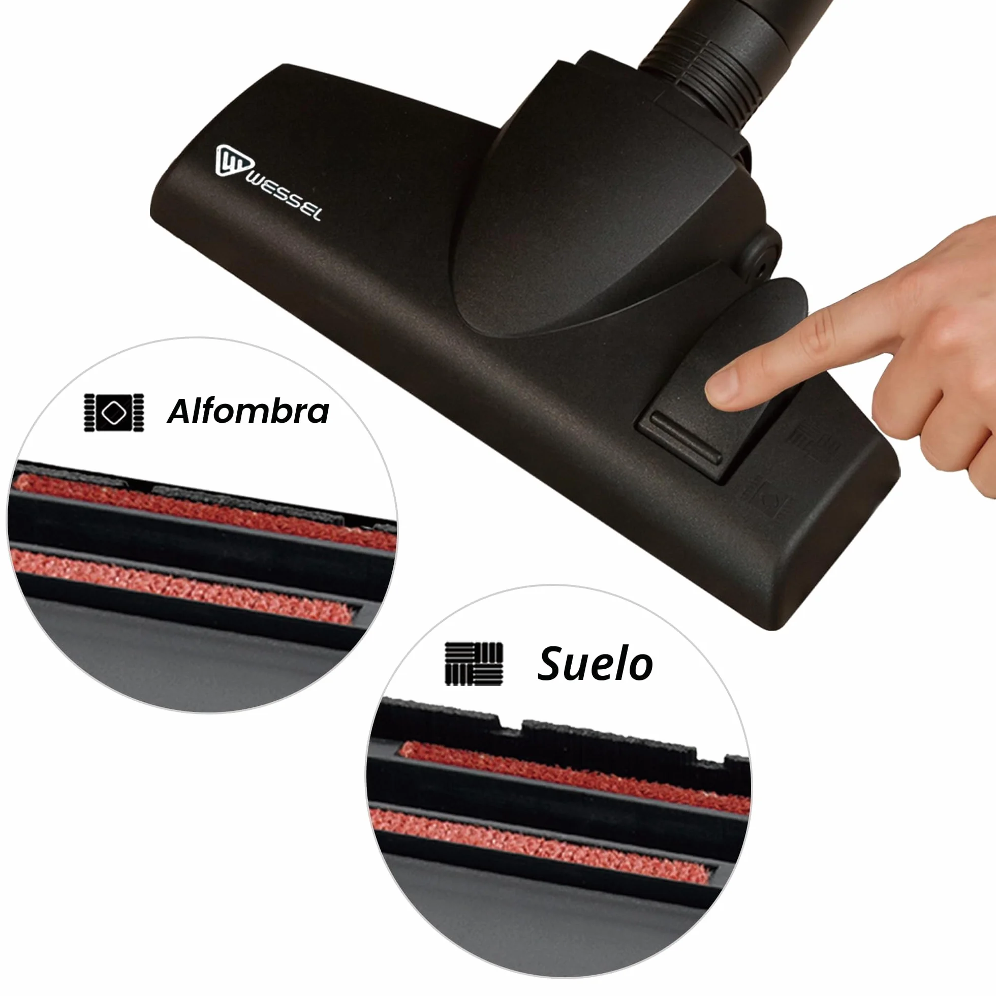 Wessel-Werk Alemania Cepillo aspiradora Universal Boquilla aspiradora 35/32mm para Suelos Duros alfombras eficiencia energética silencioso Compatible con Rowenta Bosch Kärcher Cecotec Eureka Nilfisk