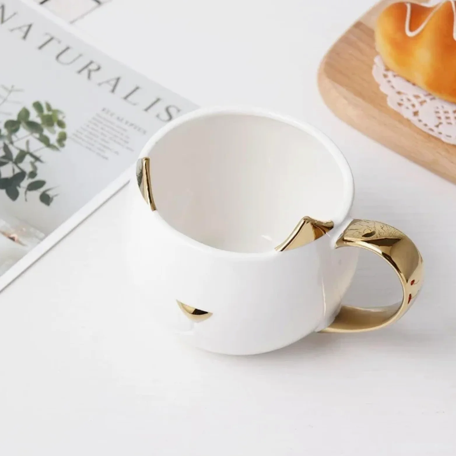 Taza de cerámica con orejas de gato, tazas de café chapadas en oro con asa, taza de avena y leche for desayuno, parejas Para Boda(Black)