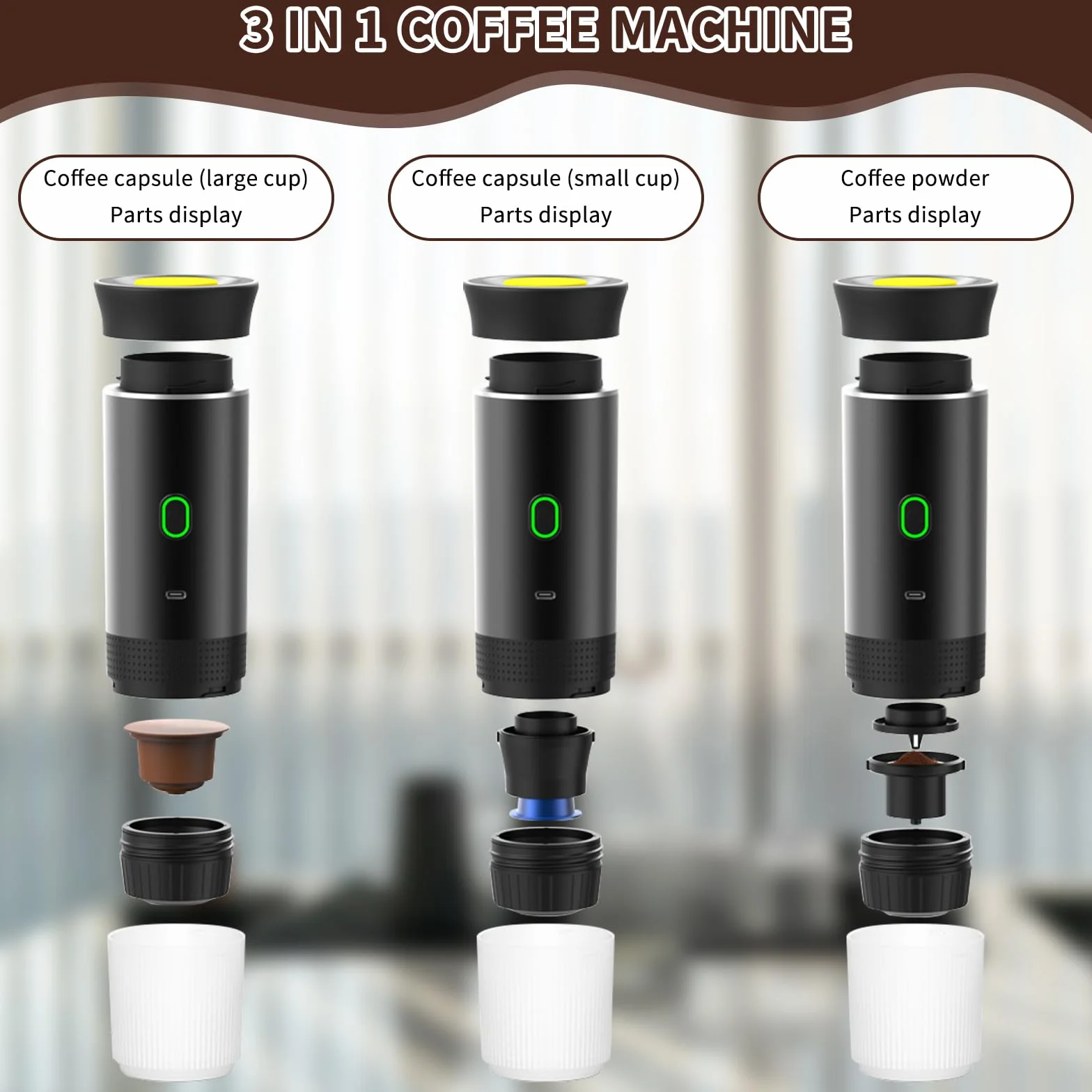 PZCC Cafetera Portatil, Cafetera Portátil Cápsula de Espresso 3 en 1, Autocalentamiento de 2a6 Minutos, Para Cápsulas Pequeñas o Grandes y Café Molido,Cafetera Portátil para Oficina y Hogar (Negro)