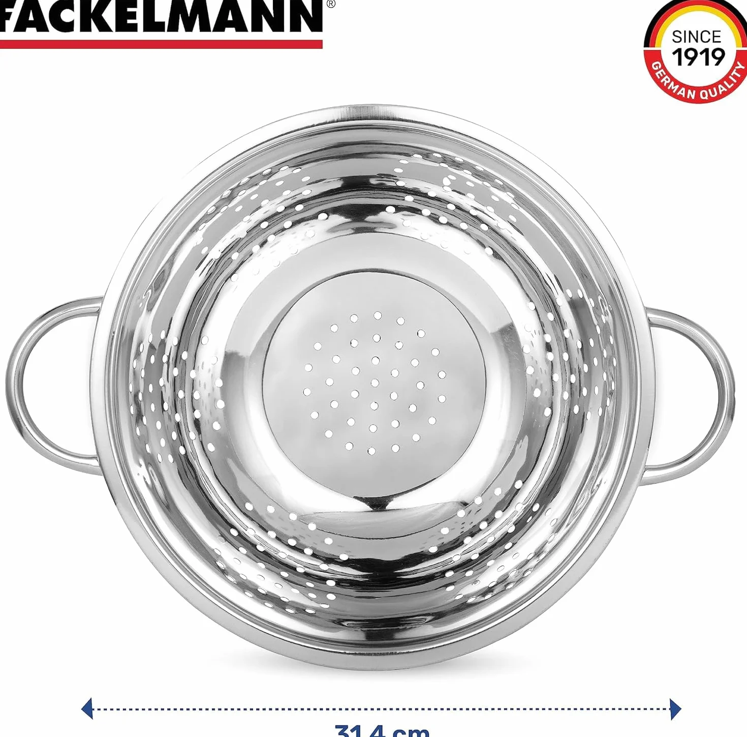 Fackelmann Colador de Cocina y Escurridor en Acero Inoxidable, Colador con Asas y Peana Estable, Idóneo para Escurrir Ensalada, Pasta, Arroz, Legumbres y Verduras, 24cm, 1 ud.