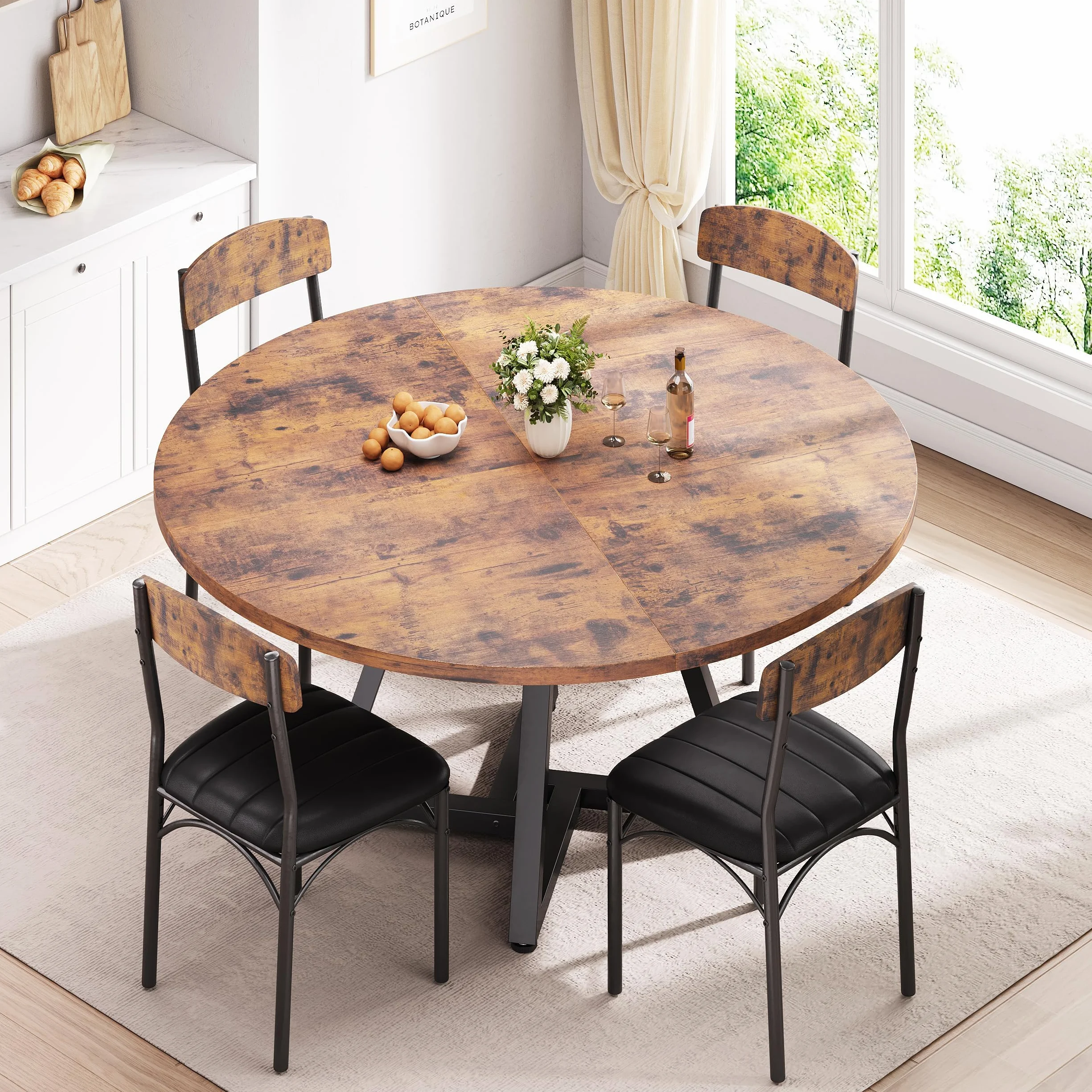 Jocoevol Mesa de Comedor Redonda para 4 Personas, Mesas de Cocina Industrial con Estructura Metálica Estable, Marrón Vintage, 107x107x76 cm