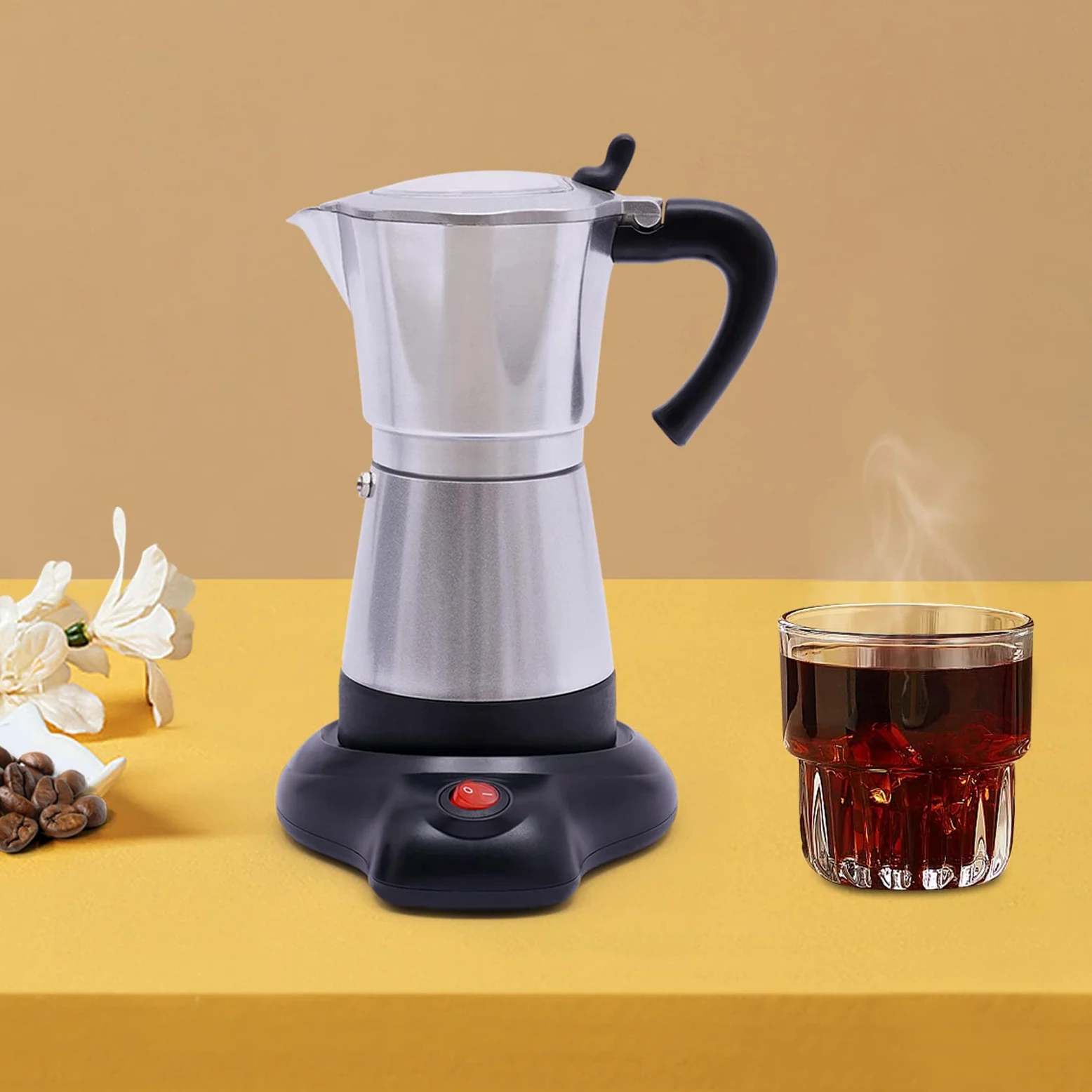 MINRS Máquina espresso, 6 tazas, mango con protección contra quemaduras, mokaka, cafetera eléctrica, camping, cafetera, válvula de seguridad, para amantes del café, plata