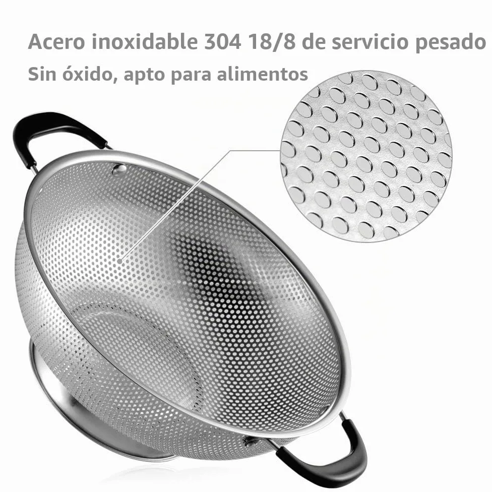 Colador de acero inoxidable 18/8, colador microperforado de fácil agarre de 5 cuartos de galón, colador con asas remachadas y resistentes al calor, sin BPA, aprobado por LFGB. Ideal para pasta, fideos