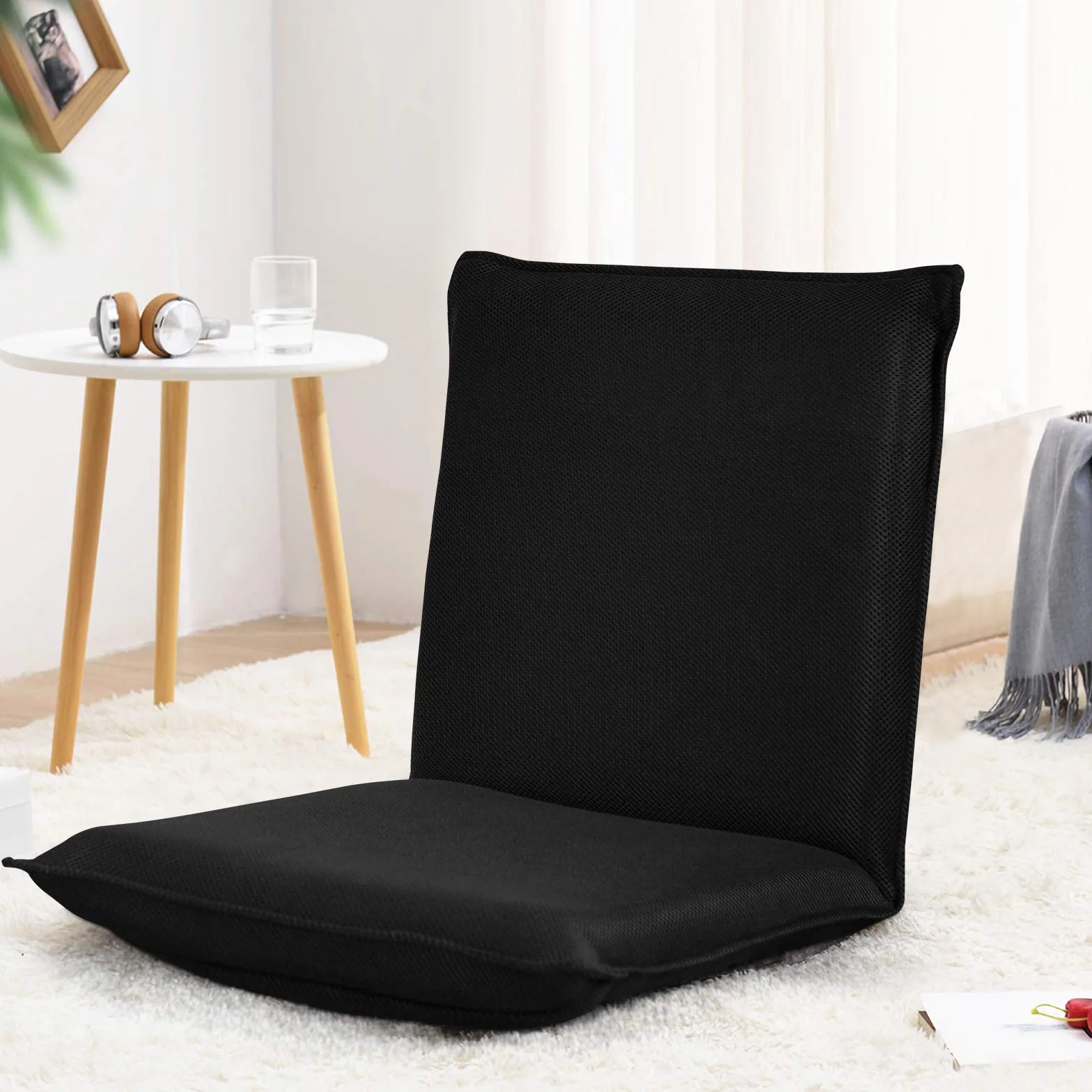 COSTWAY Silla Plegable de Suelo, Silla de Piso con Respaldo Ajustable de 6 Posiciones, Silla Tapizada para Salón Dormitorio Estudio, 98 x 44 x 7 cm (Negro)