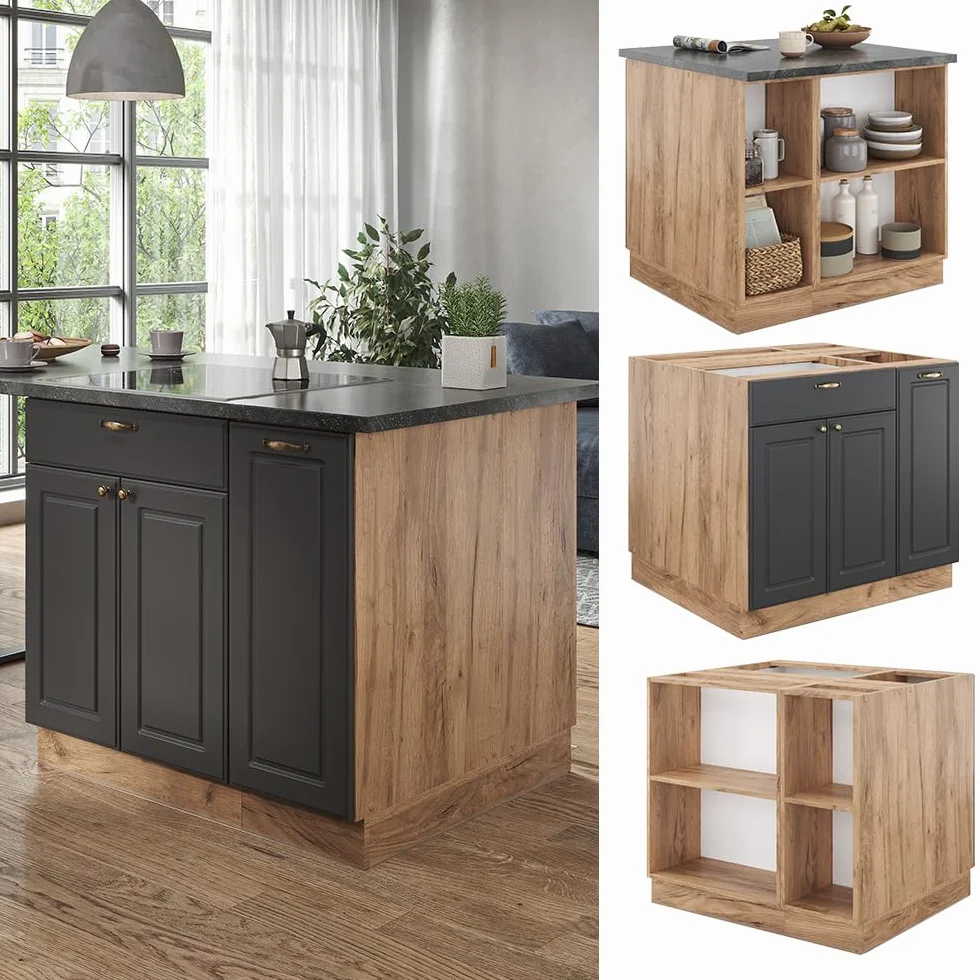 Vicco Isla de Cocina Fame-Line, Antracita Casa de Campo/Roble Kraft Dorado, 90 cm con cajón, sin encimera, Compatible con Otros módulos de la Serie Fame-Line
