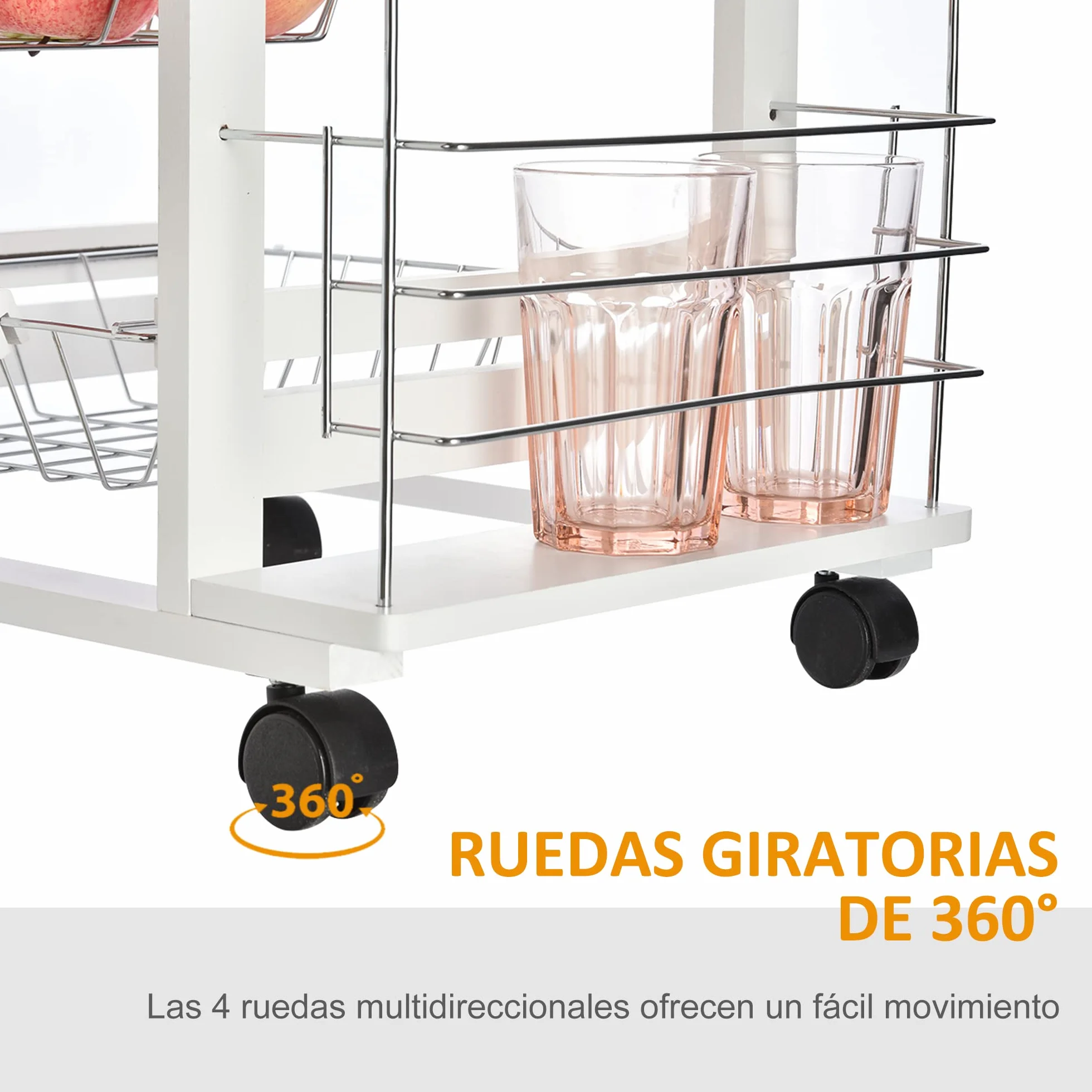HOMCOM Carrito de Cocina con Ruedas Carro Multiusos con Cajón 4 Cestas Extraíbles de Metal y Bastidores Laterales 47x37x83 cm Blanco