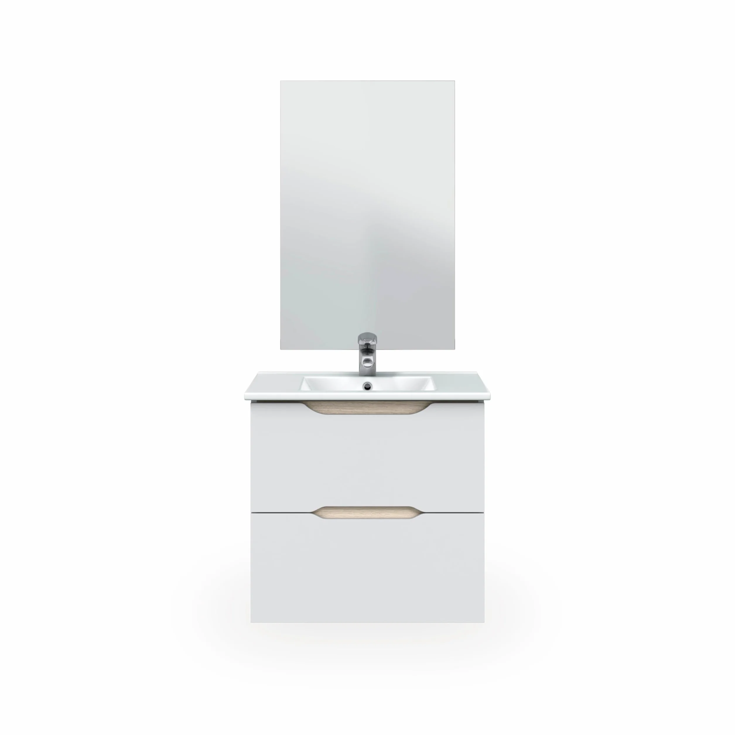 duehome | Mueble de Baño Suspendido con 2 Cajones y Espejo, Modulo Colgante, Modelo Nexa, Acabado en Blanco Brillo y Roble, Medidas: 60 cm (Ancho) x 57 cm (Alto) x 45 cm (Fondo)