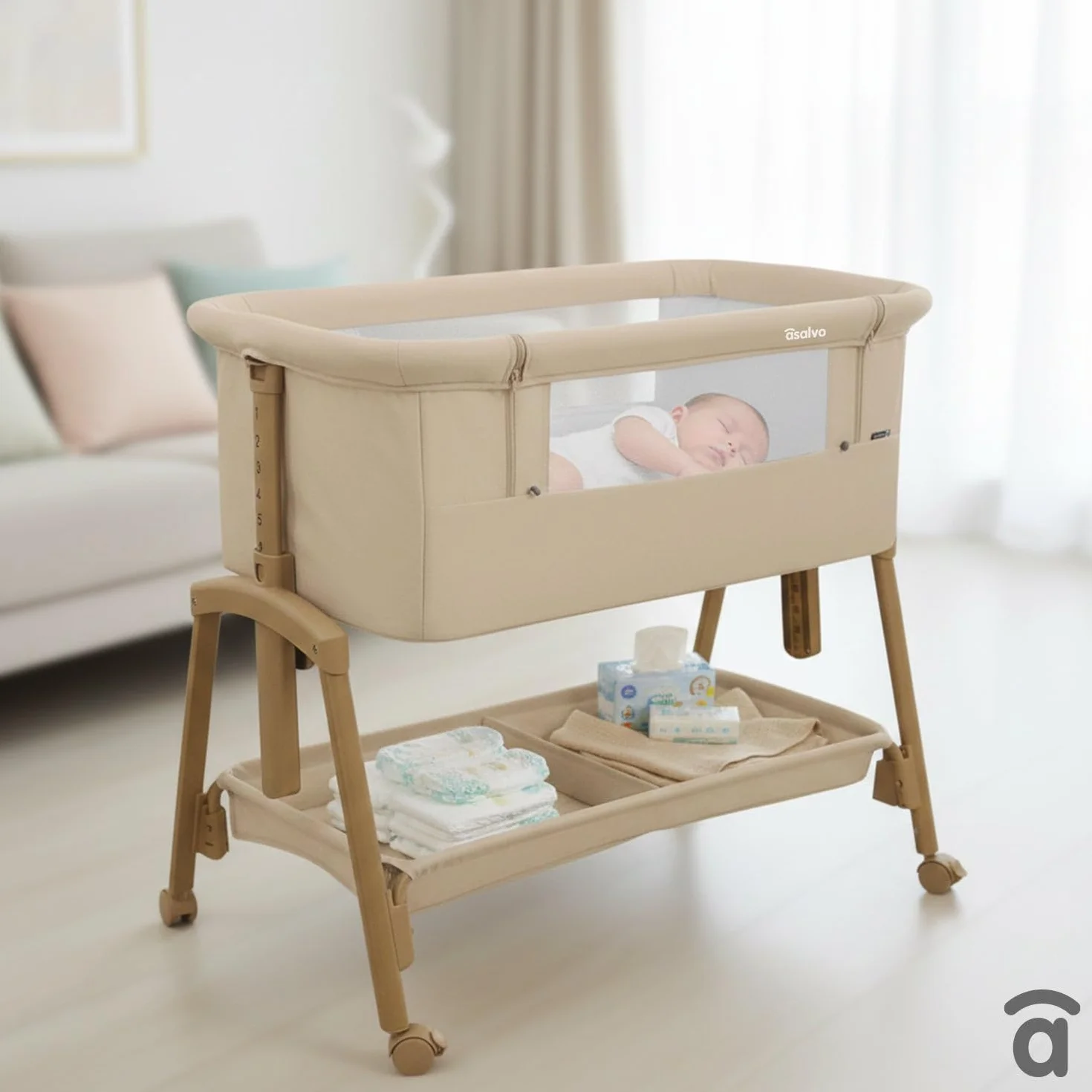 Asalvo Smart Minicuna Colecho Bebé 2 en 1 – Cuna Colecho con 7 Alturas Regulables, Ruedas con Freno, Colchón Incluido