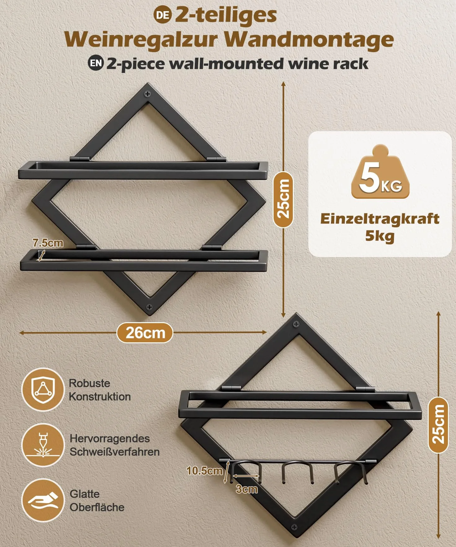 YORBAY Botellero de Pared Metálico con Portavasos: Botellero Vino Decorativo Moderno para 3 Botellas y hasta 6 Copas - Mueble Bar Ahorra Espacio para Salón Bar Cocina