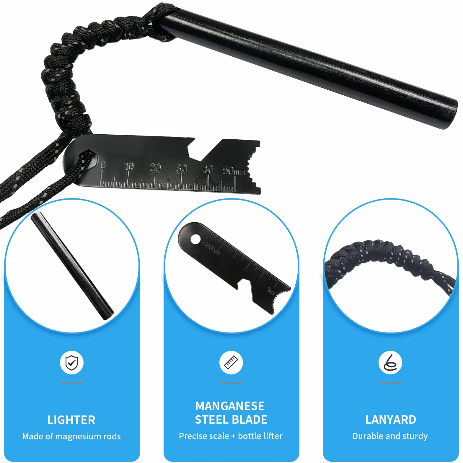 Newaner Arrancador de Fuego de Acero con Paracord, Raspador y Sacacorchos para Camping