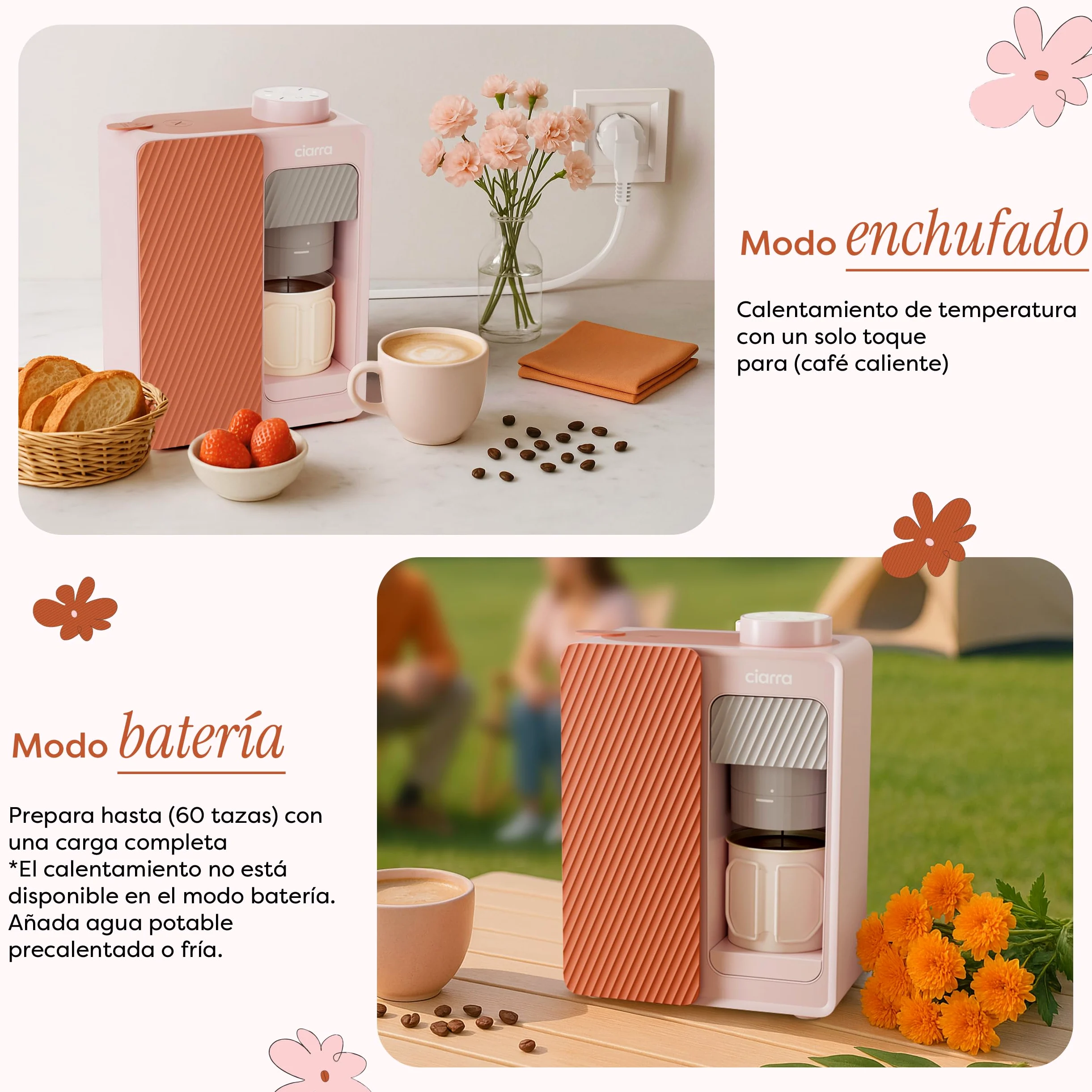 CIARRA BloomBox Cafetera Portátil Espresso de 15 bares Rosa | con Batería y Conexión a la Red Eléctrica, Máquina de Café Recargable Autocalentable para Acampadas y Viajes - CBPCM551-P