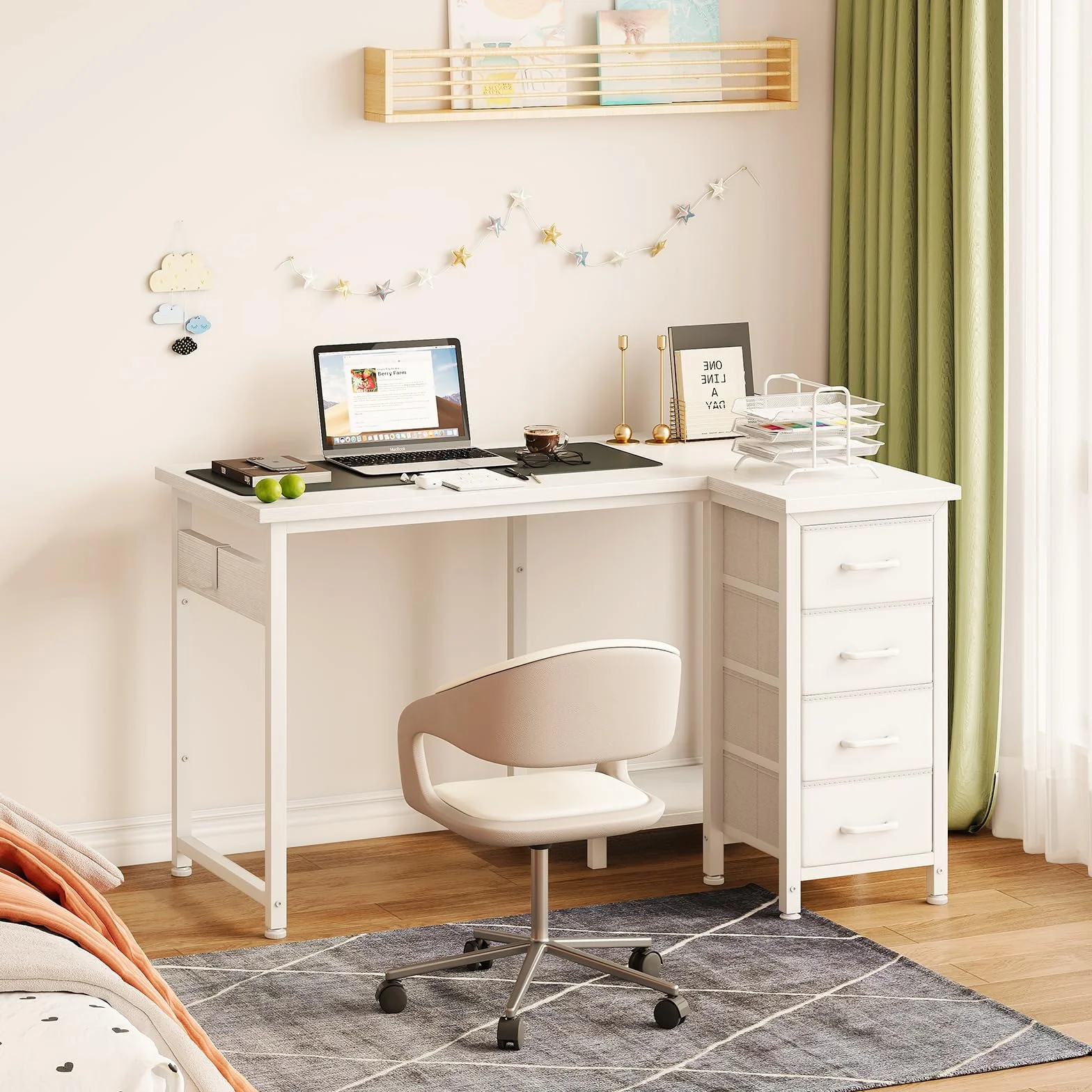 Coleshome Escritorio Esquinero con 4 Cajones de Tela, 100x70cm Escritorio en L Reversible con Almacenamiento y Estanteria, Mesa Escritorio para Oficina en Casa y Dormitorio, Blanco