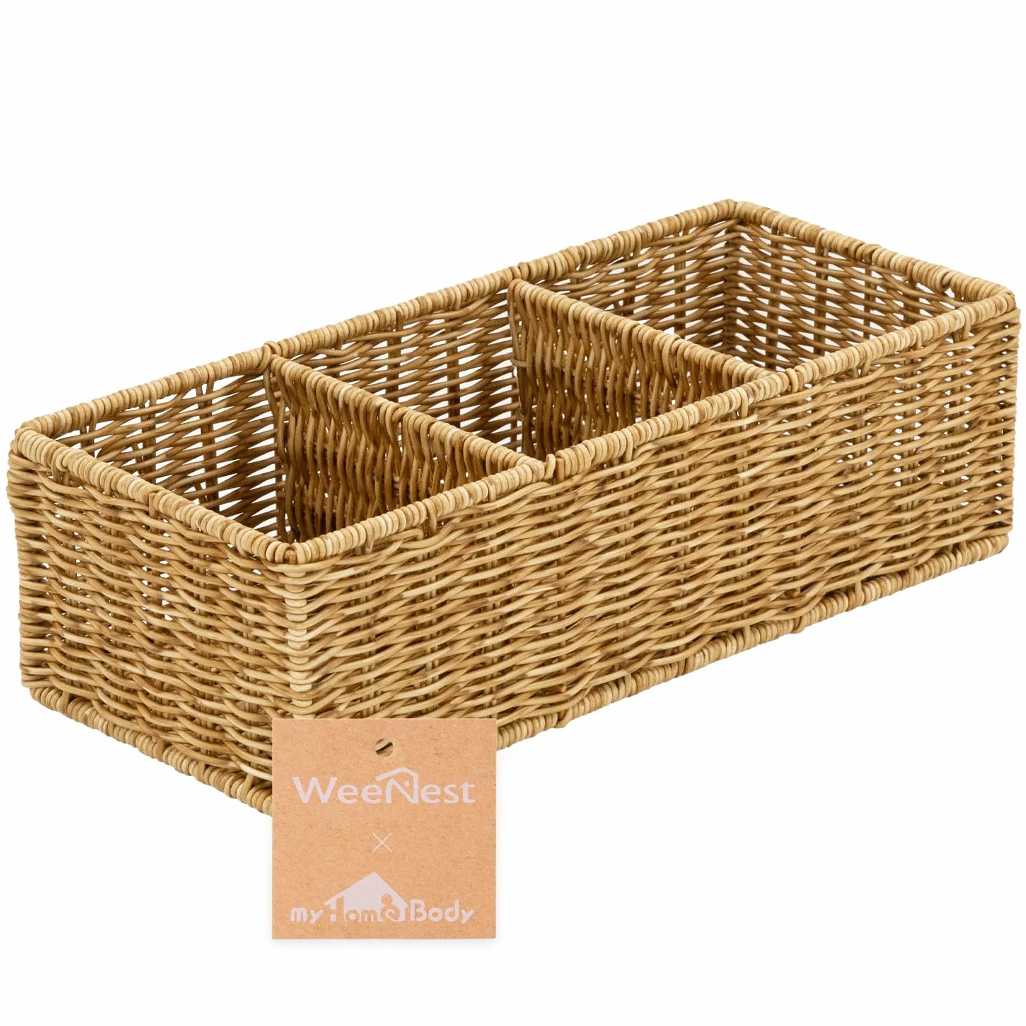myHomeBody Cesta de mimbre con 3 compartimentos, cestas tejidas para organizar, organizador de mostrador de baño, organización de dormitorio, Tan, 1 pieza