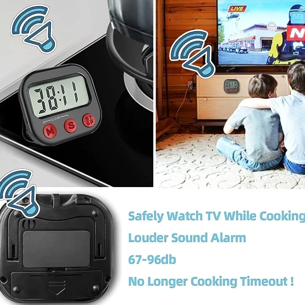 Temporizador de cocina, temporizador visual digital, reloj magnético, cronómetro, temporizador de cuenta regresiva, pantalla LCD grande, dígitos grandes, alarma fuerte para cocinar, ducha, baño