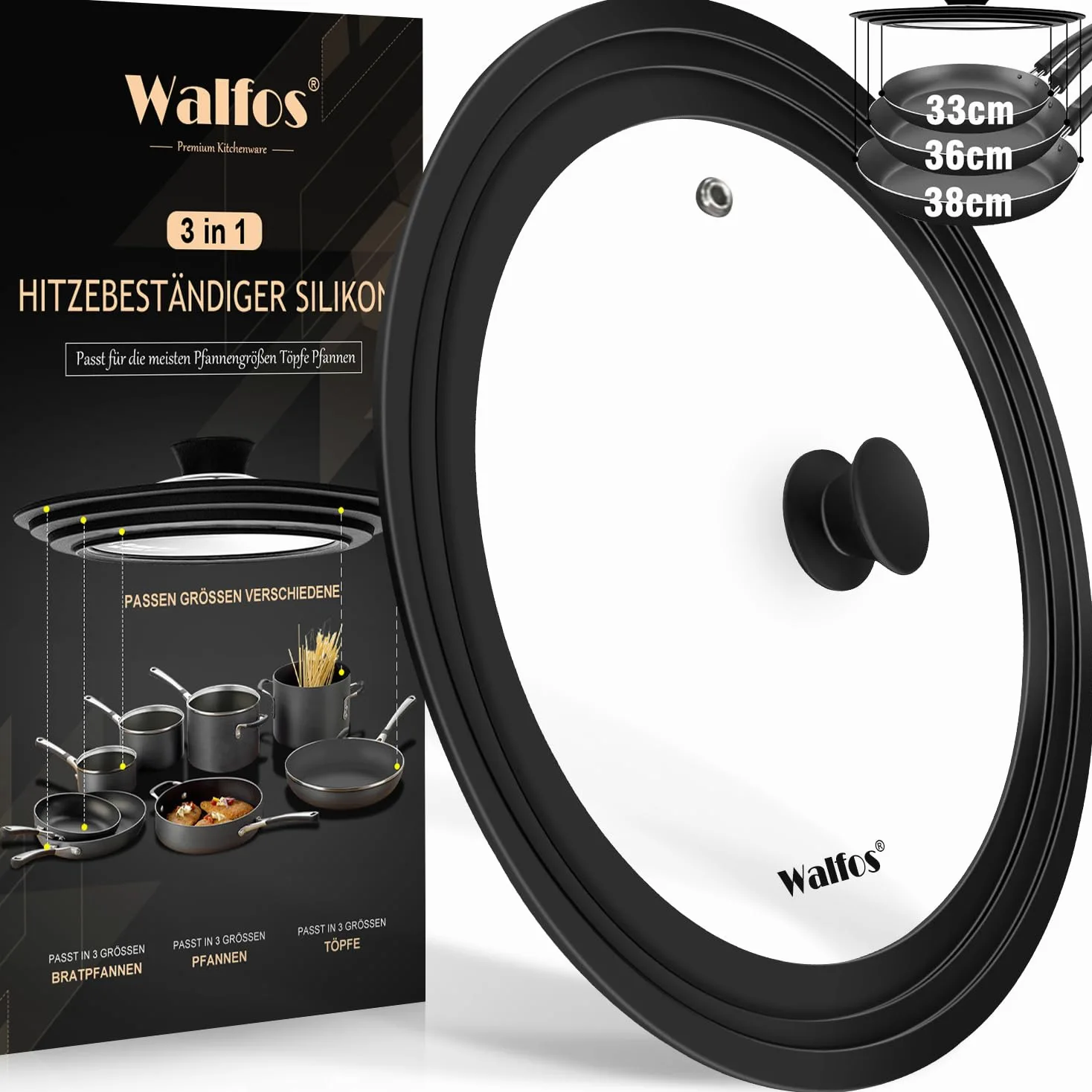 Walfos Tapa universal para ollas, sartenes y sartenes. Se adapta a utensilios de cocina de 33 cm, 36 cm y 38 cm de diámetro, tapa de vidrio con borde de silicona resistente al calor, (negro)