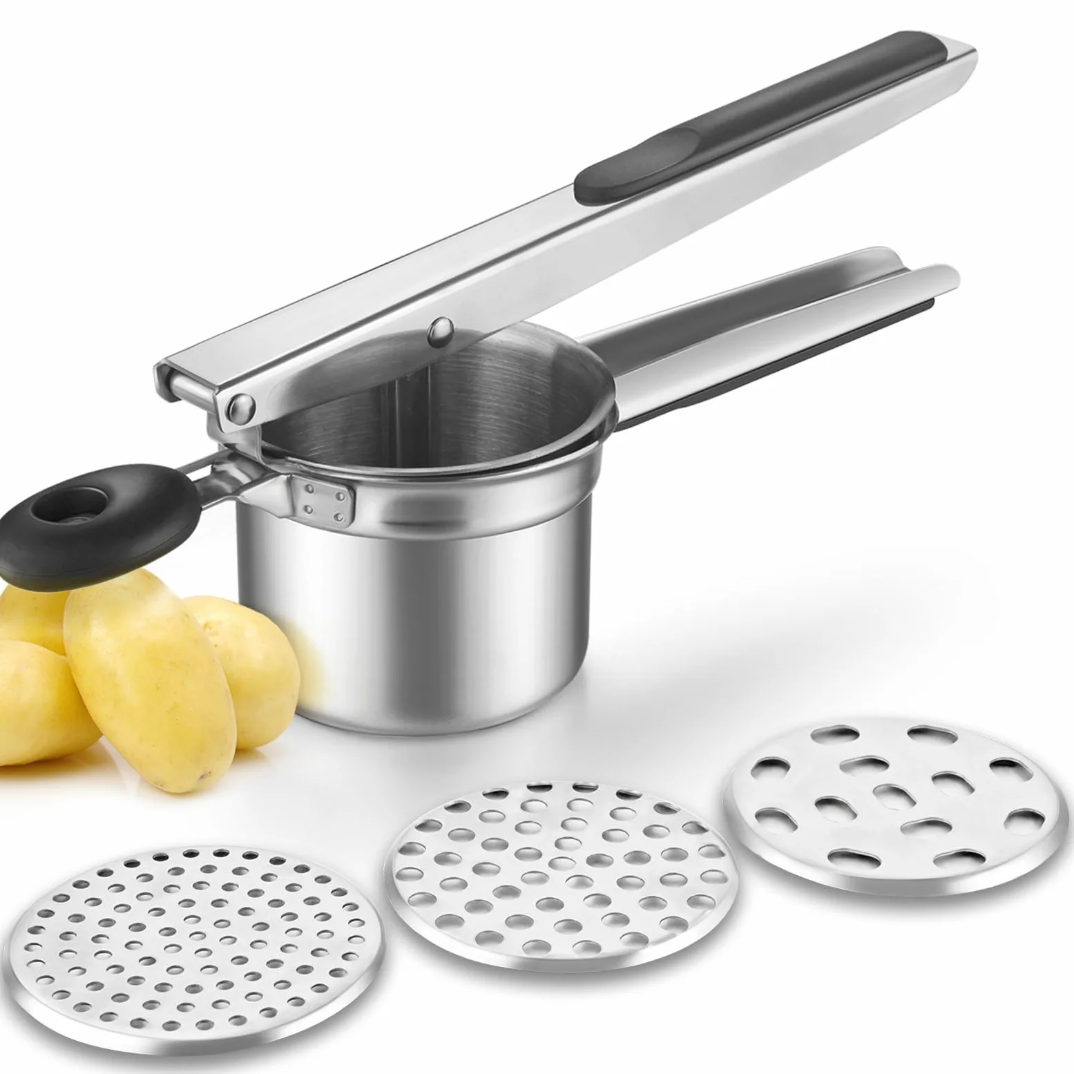 Arricer de patatas, de acero inoxidable, para frutas y verduras, triturador de alimentos de gran capacidad con 3 discos intercambiables y taza interior