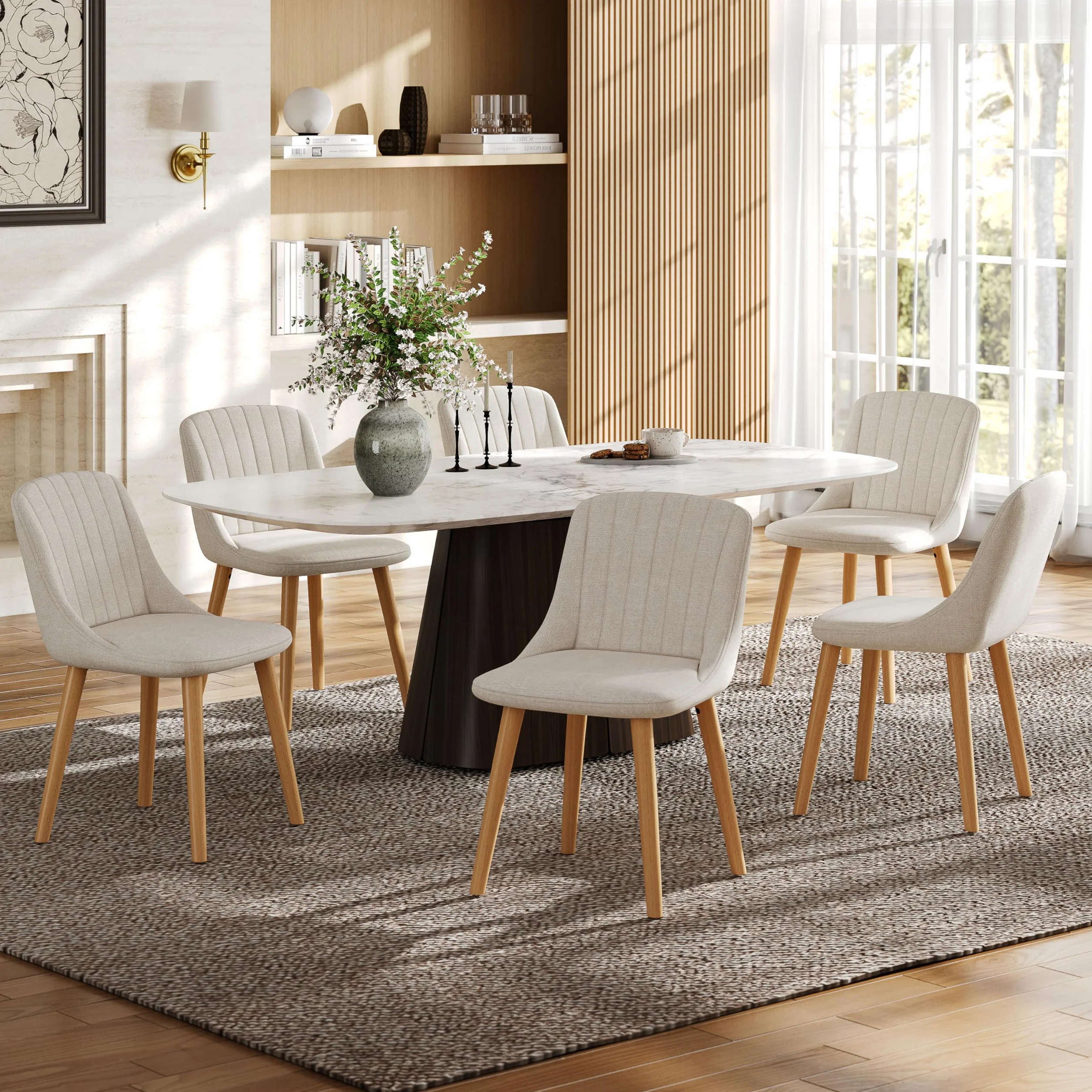 Silla Comedor Set 6 Cómodas Sillas Comedor Pata Madera Diseño Silla Tapizada Lino Beige