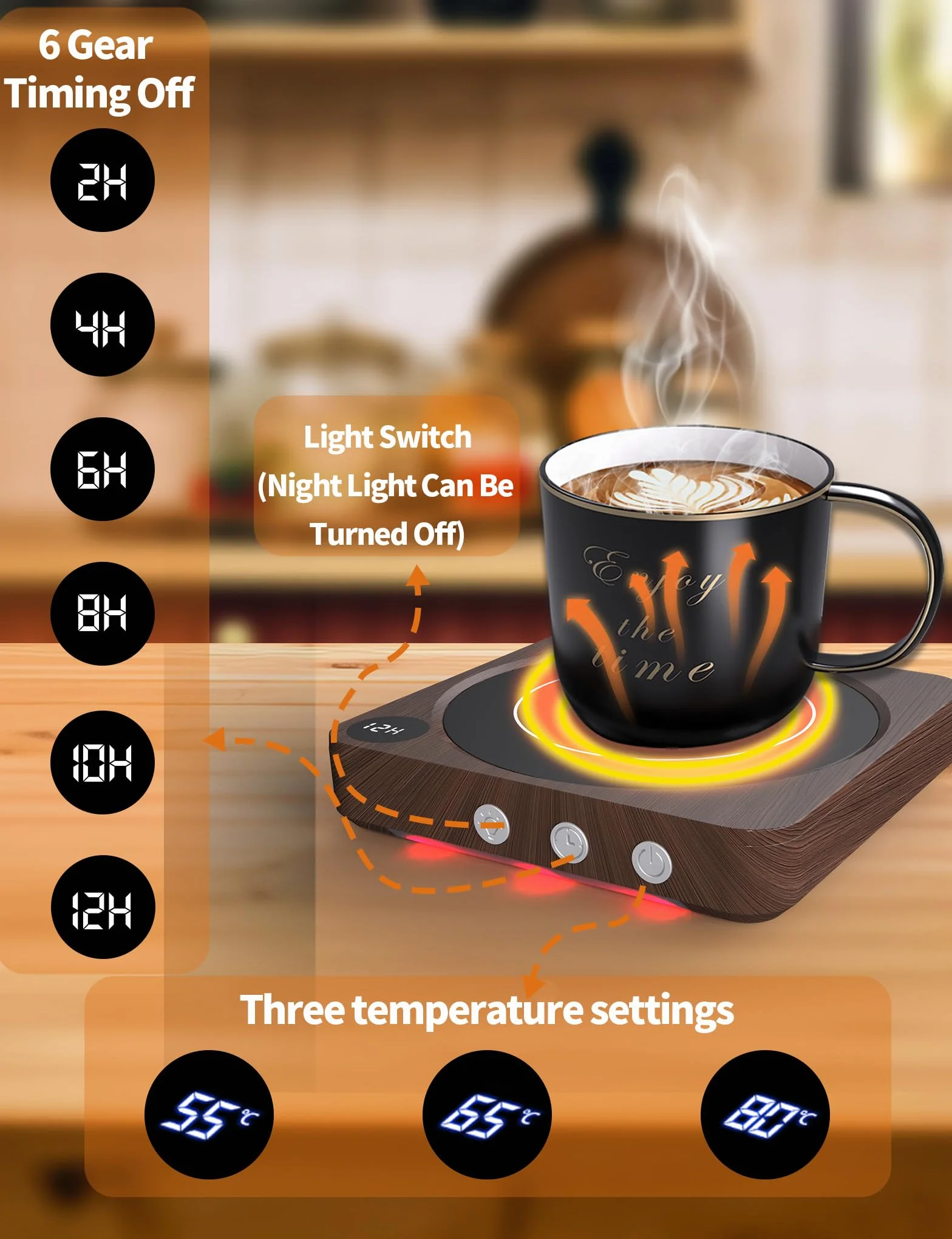 MQFORU Calentador de Tazas, Calentador de Café de Sobremesa con Indicador de Temperatura, 2-12H Apagado Automático, Calentador de Velas Inteligente, Mantén Las Bebidas Calientes