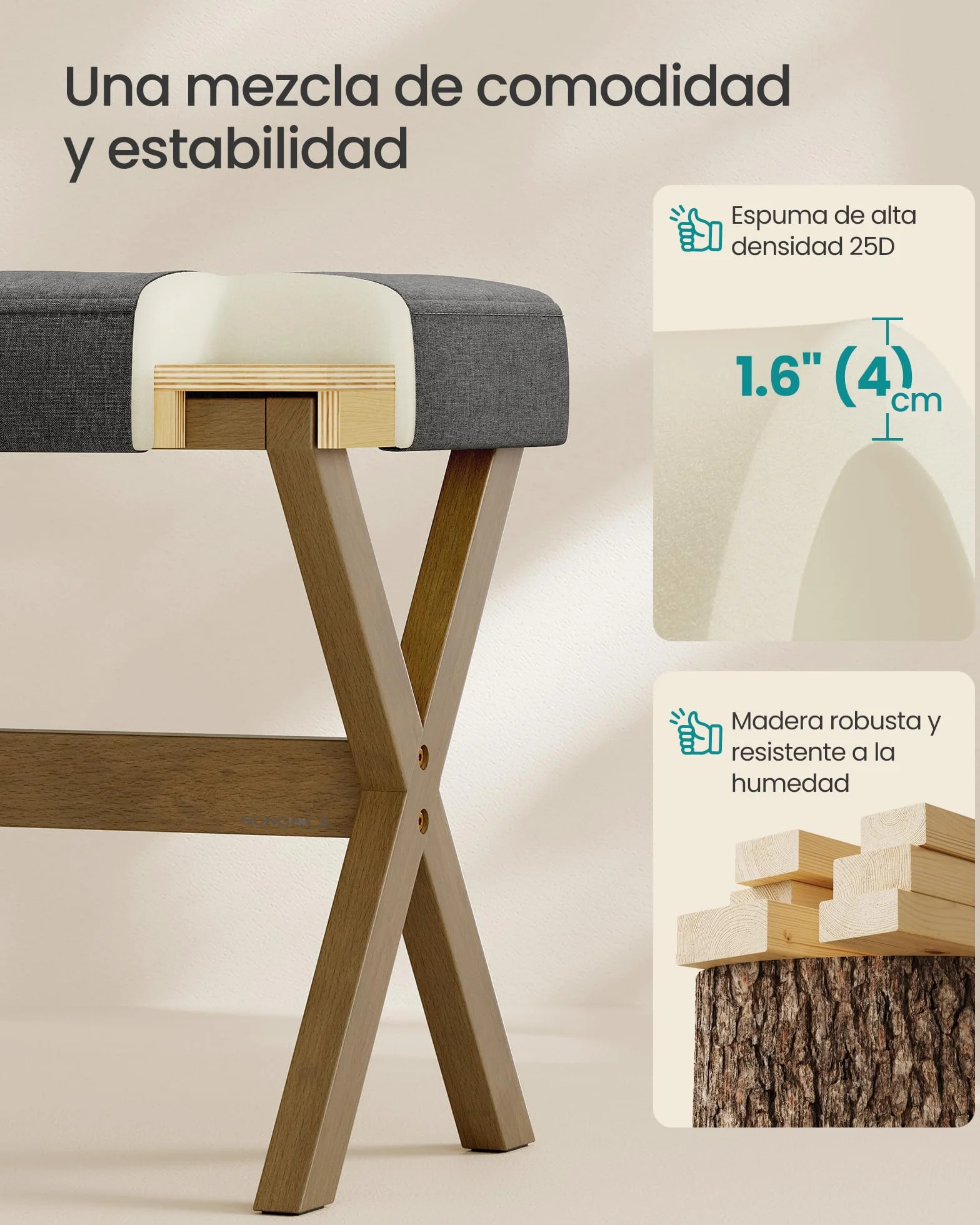 SONGMICS Taburete Tocador Acolchado Reposapiés 32x42x46 cm Gris Pizarra Marrón
