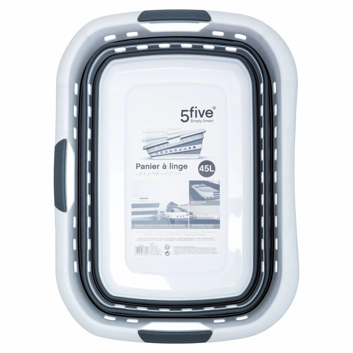 5 five simply smart 5five - Cesto de Ropa Plegable de 45 l - 3 Asas ergonómicas - Cesto de Ropa retráctil Rectangular - Gran Capacidad - Gris y Blanco
