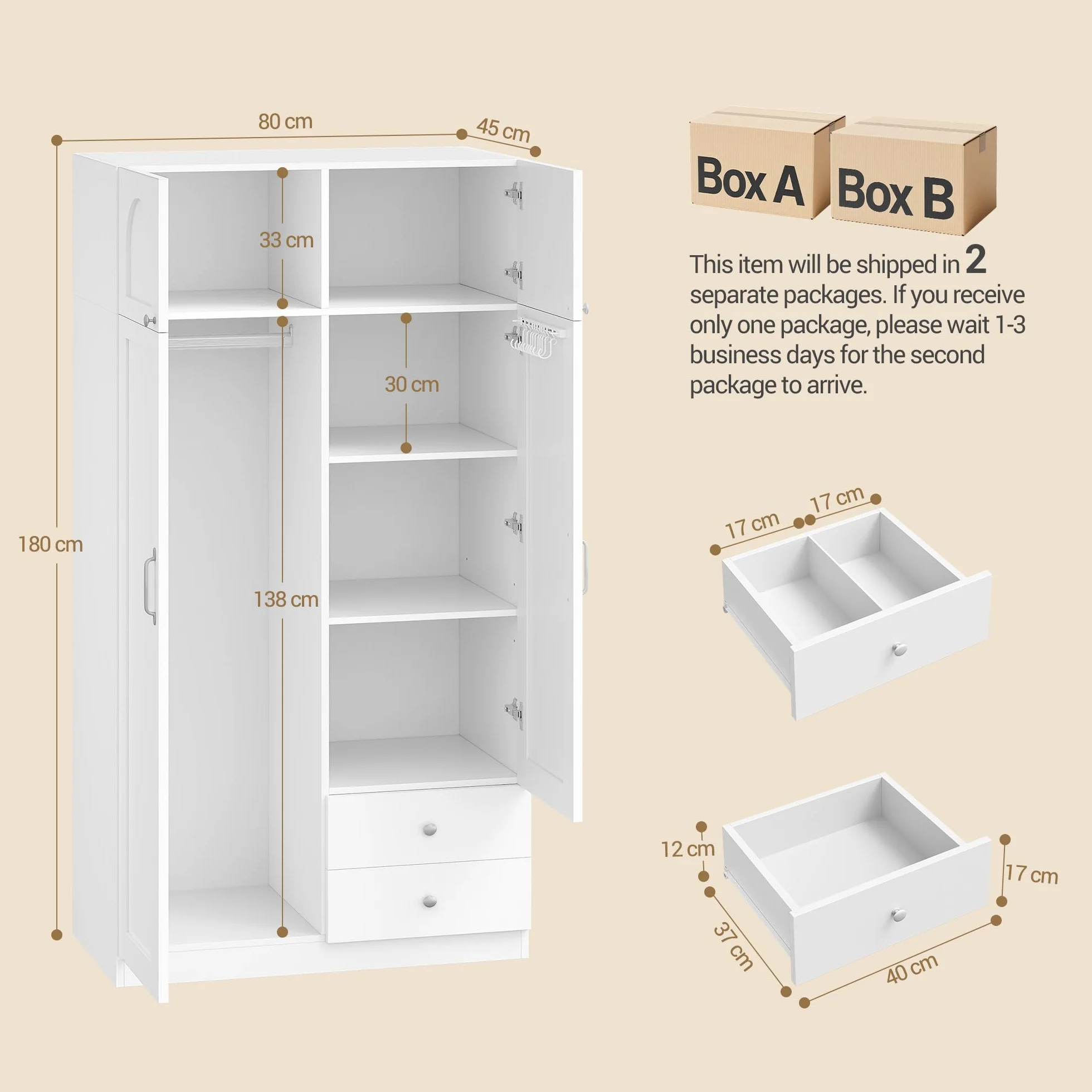 Hzuaneri Armario de 4 Puertas, 45×80×180 cm, Armarios Dormitorio con 2 Cajones y Perchas, 2 Estantes y Ganchos en Los Laterales de Las Puertas, Estilo Moderno y Minimalista, Blanco BW08003E