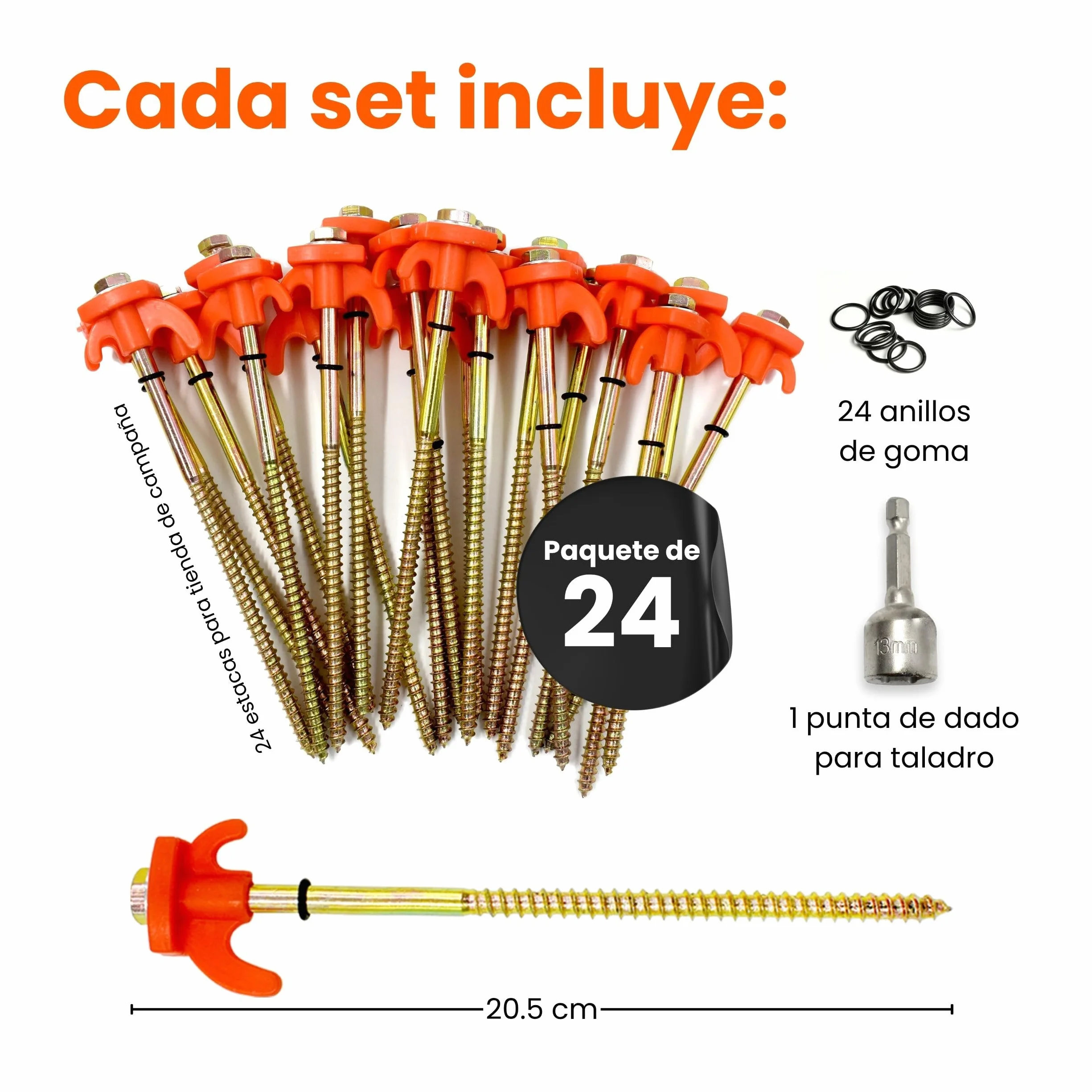 Piquetas Camping Suelo Duro 20,5cm 24 Unidades Naranja Clavijas Tornillo para Tiendas