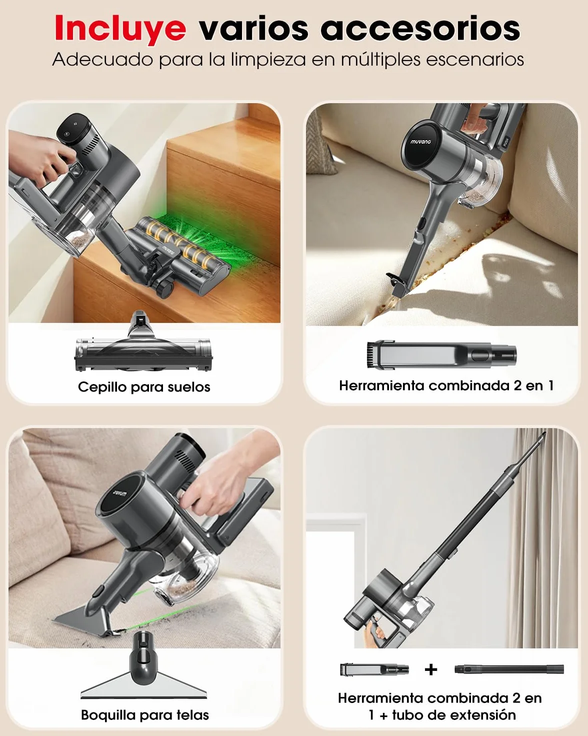 Aspiradora sin Cable Potente Succión de 45 kPa 500W Hasta 60 Minutos de Autonomía Resistente a Enredos Aspiradora Escoba Recargable con Soporte de pared para Pelo de Mascotas y Suelos de Madera