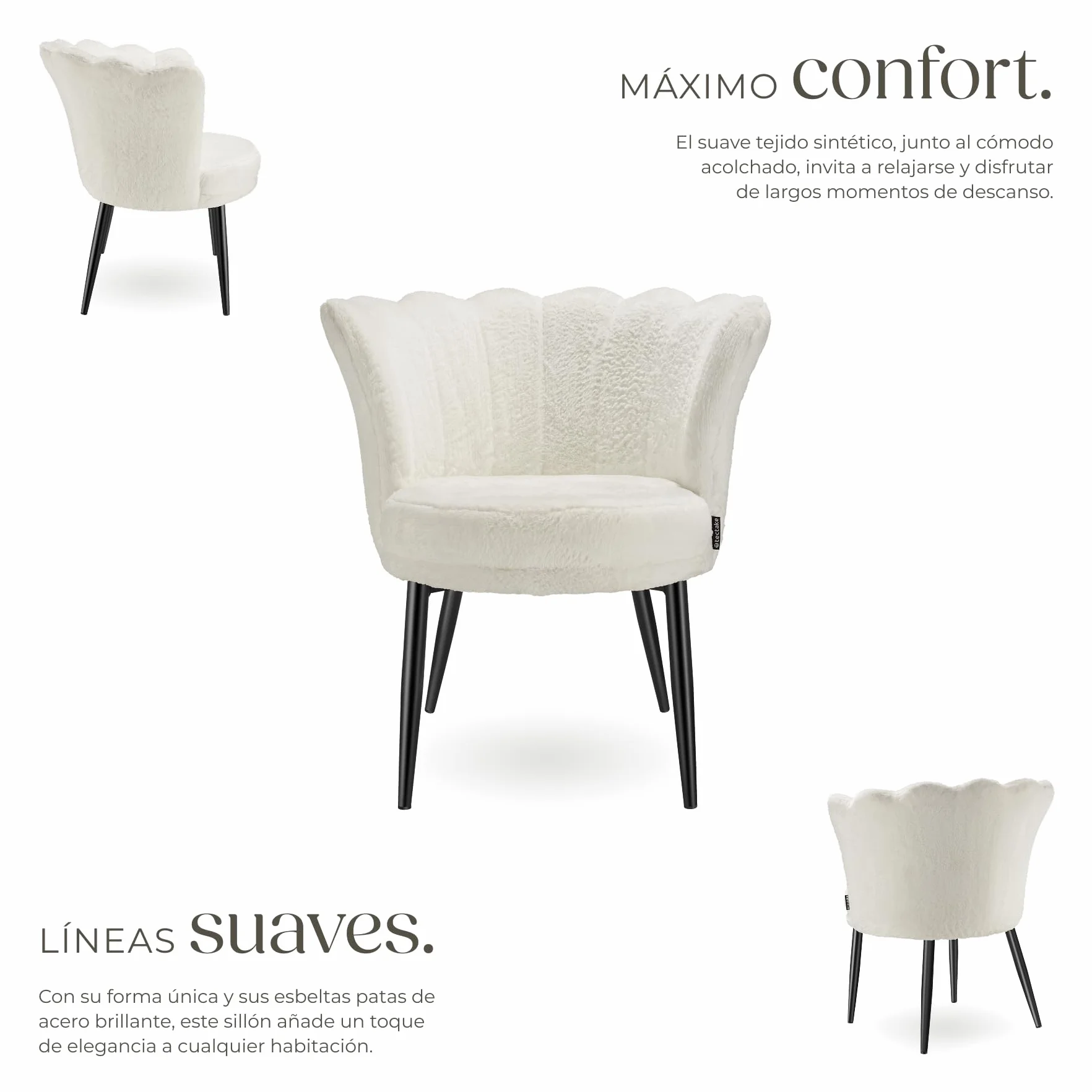 tectake® Sillón Tapizado con Acolchado Grueso, Butaca Salón con Respaldo Curvado en Forma de Flor, Sillón de Lectura con Patas de Acero, Tapas Antideslizantes, Silla Oficina - Terciopelo, Crema/Negro