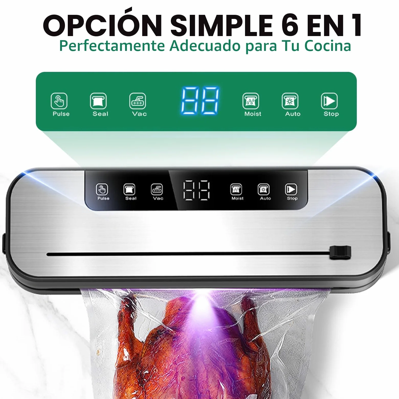 Envasadora al vacío 6 en 1 profesional para alimentos, con 50 bolsas de envasado al vacío y 1 manguera para recipiente al vacío, dispositivo de sellado automático de 75 Kpa con cortador y cuenta atrás