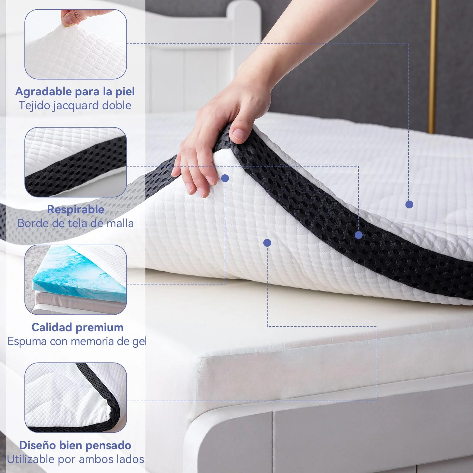 Amazon Basics Colchón de Espuma viscoelástica con Gel refrescante Topper, Funda removible y Lavable, 140 x 200 cm, 7 cm, Blanco