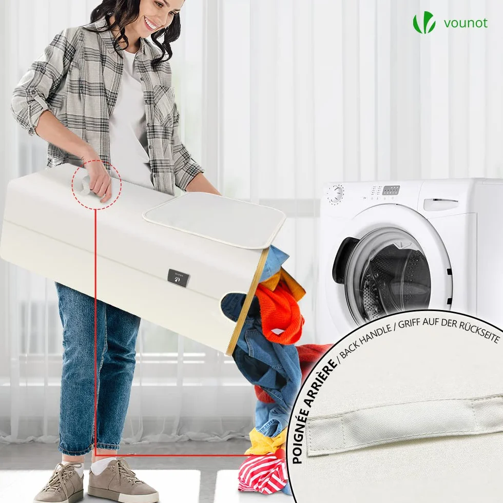 VOUNOT® Cesto Ropa Sucia 100L con Ruedas Cesta para la Colada, Cubo Ropa Sucia con Tapa y Asas de Bambú para Ropa, Cesta de Ropa Plegable Laundry Basket con Bolsa Interior Extraíble, Beige