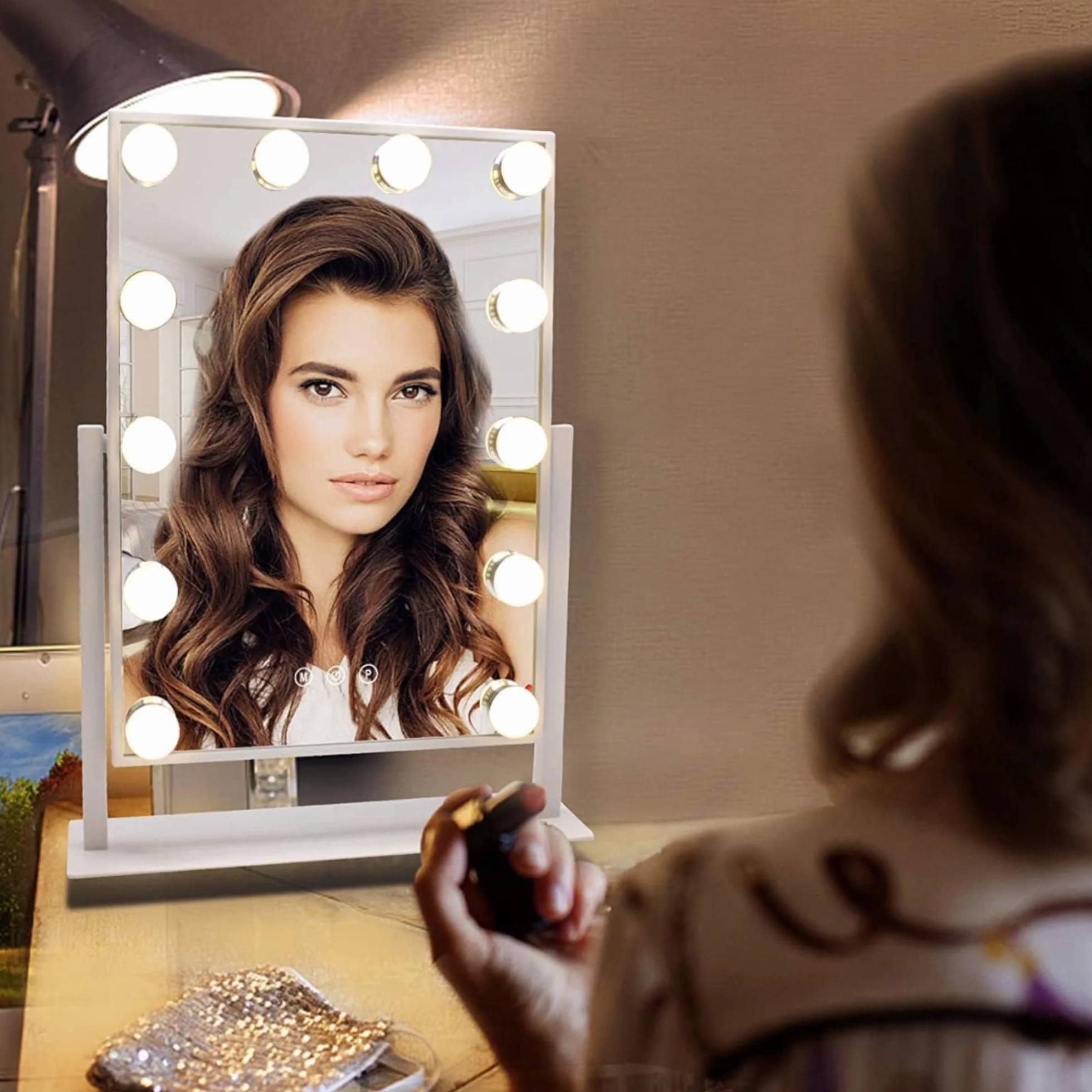 Espejo de Maquillaje con Iluminación LED, 15 Bombillas, 3 Modos de Luz, Control Táctil, USB Recargable, Aumento