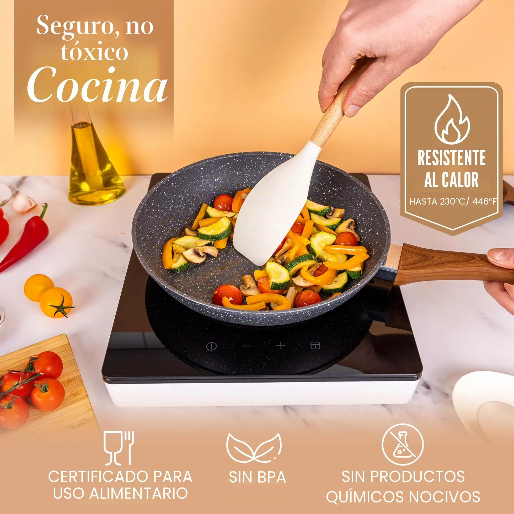 Juego de utensilios de cocina antiadherentes, utensilios de silicona resistentes al calor con mango de madera, cucharones, cucharas y espátulas
