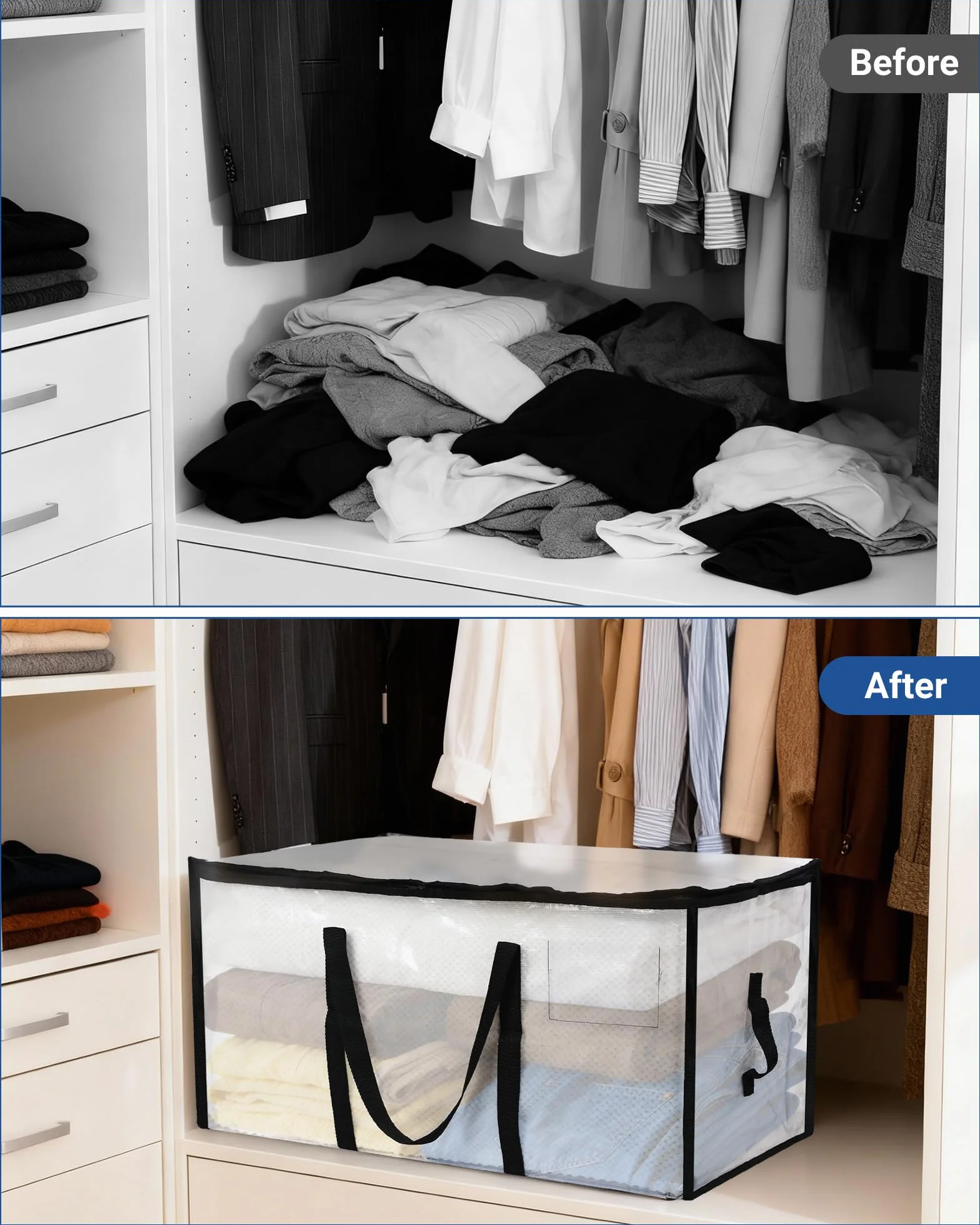 2 Piezas 95L Bolsas de Almacenamiento Grandes con Tapa - Bolsas de Mudanza Transparentes, Organizador de Ropa y Mantas, Impermeable y Plegable para Ropa de Cama, Mudanzas, Hogar y Juguetes